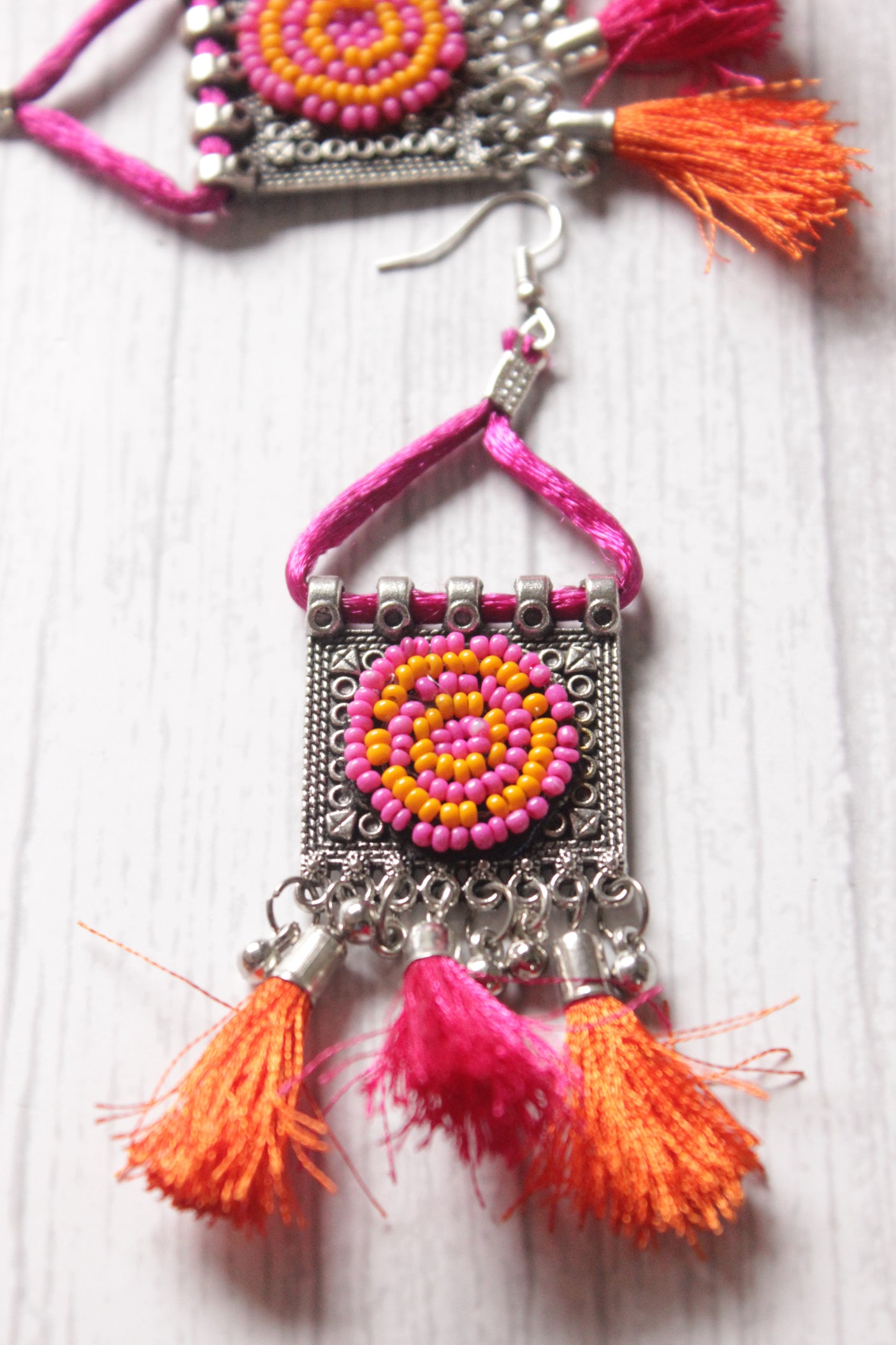Afghani Oxidised Silver Pom Pom Embellished Beaded Dangler Earrings
