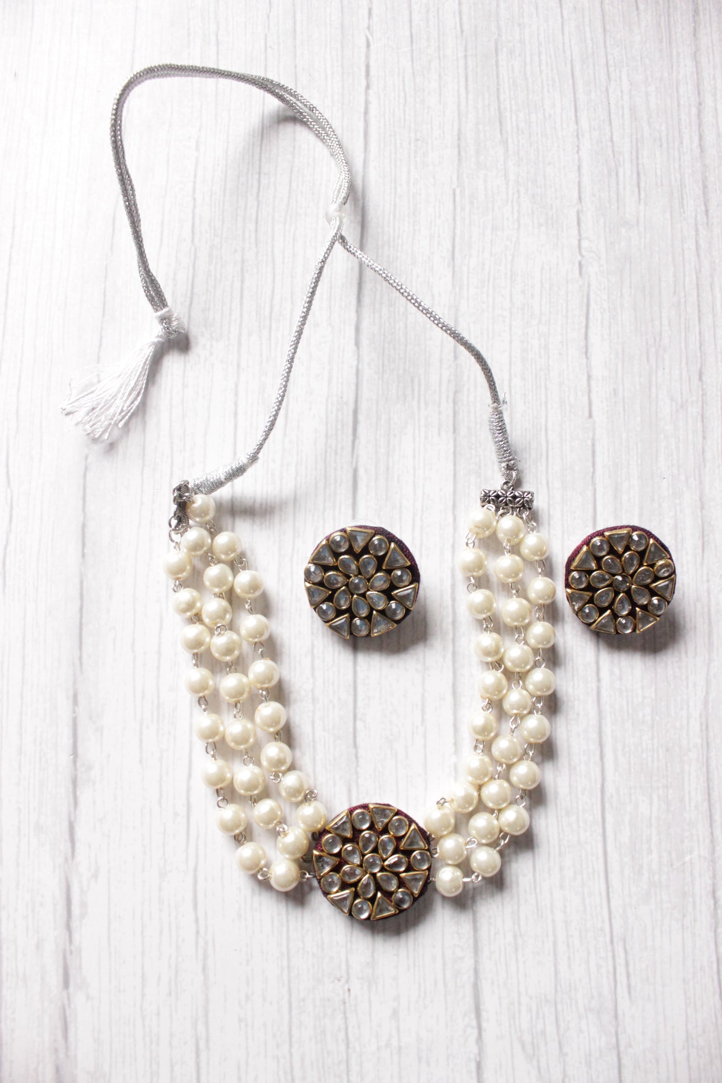 Kundan Stones Embedded Center Pendant White Beads Hand Braided Adjustable Length Choker Necklace Set