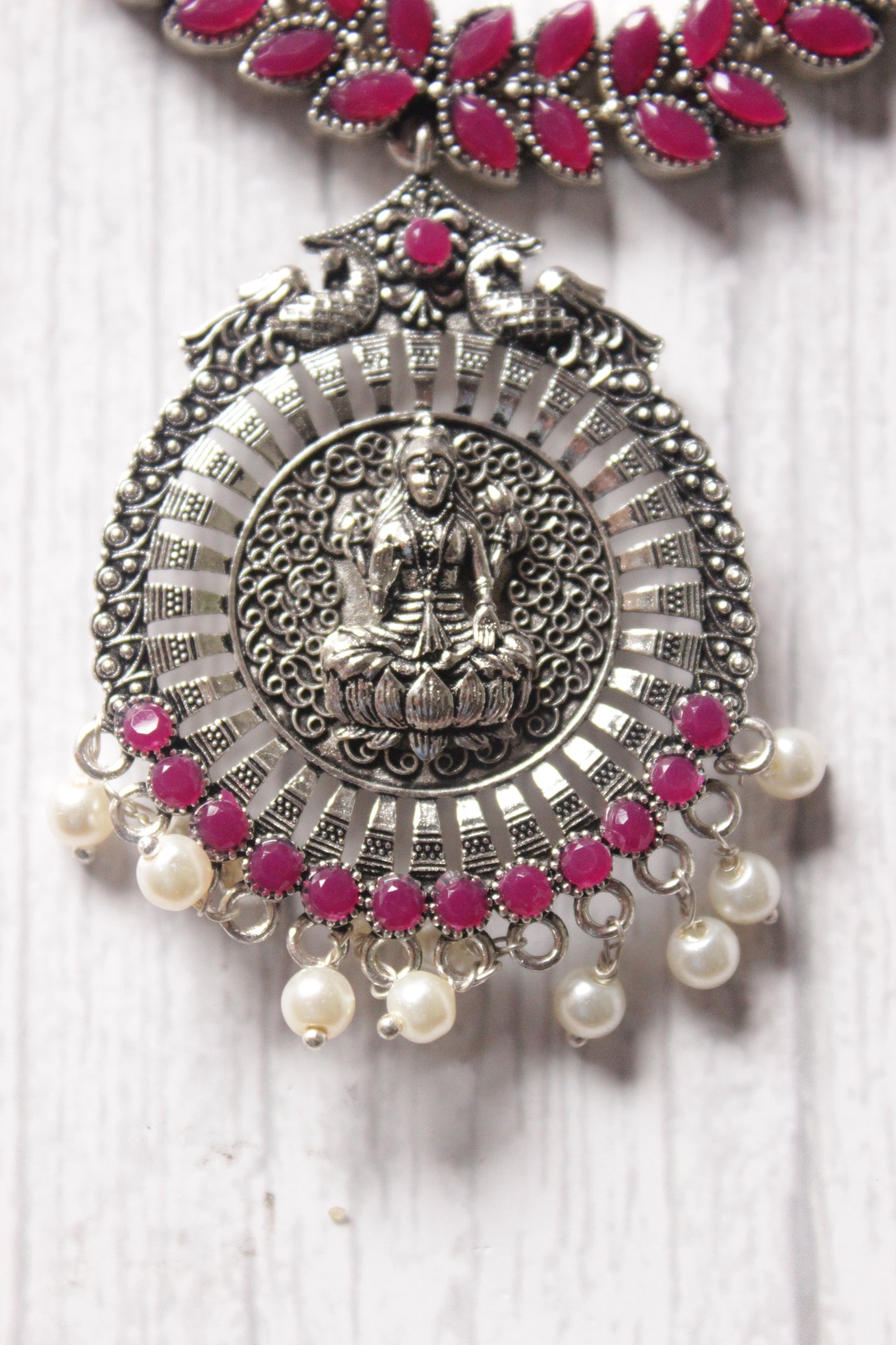 Fuchsia Glass Stones Embedded Religious Motif Adjustable Length Metal Necklace Set with Jhumka Earrings