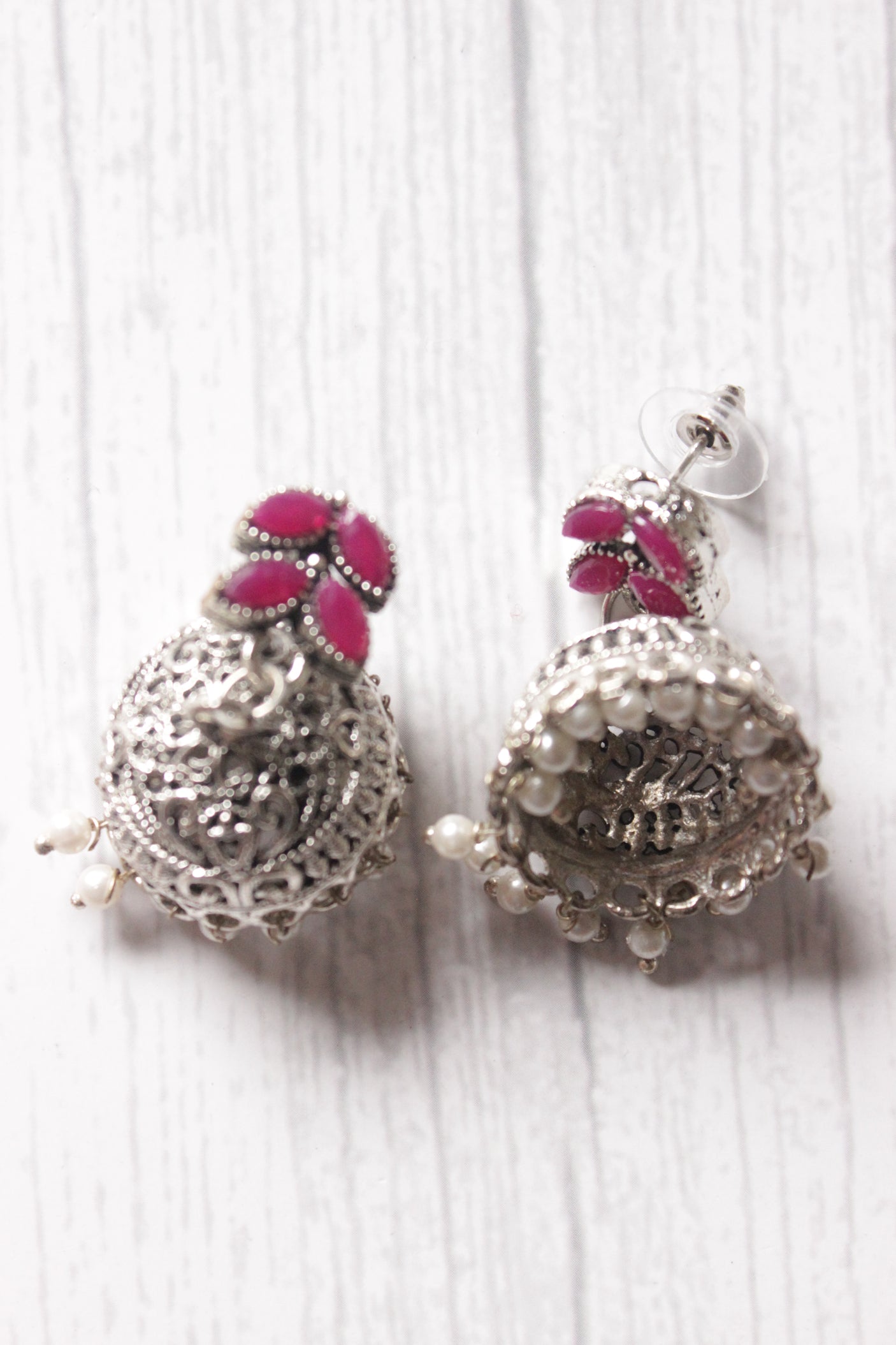 Fuchsia Glass Stones Embedded Religious Motif Adjustable Length Metal Necklace Set with Jhumka Earrings