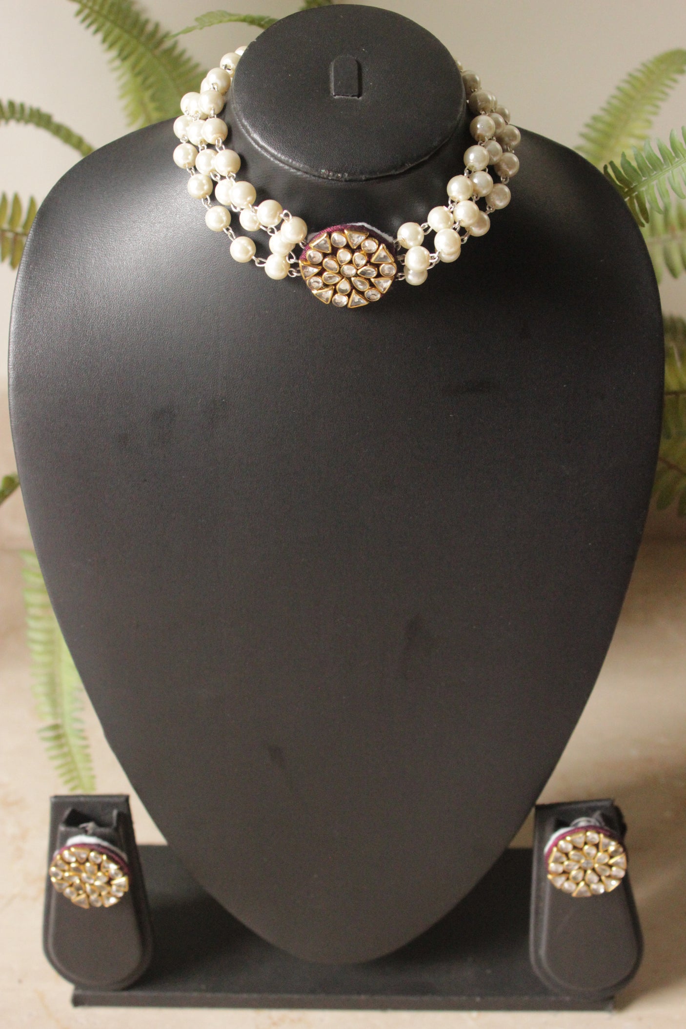 Kundan Stones Embedded Center Pendant White Beads Hand Braided Adjustable Length Choker Necklace Set