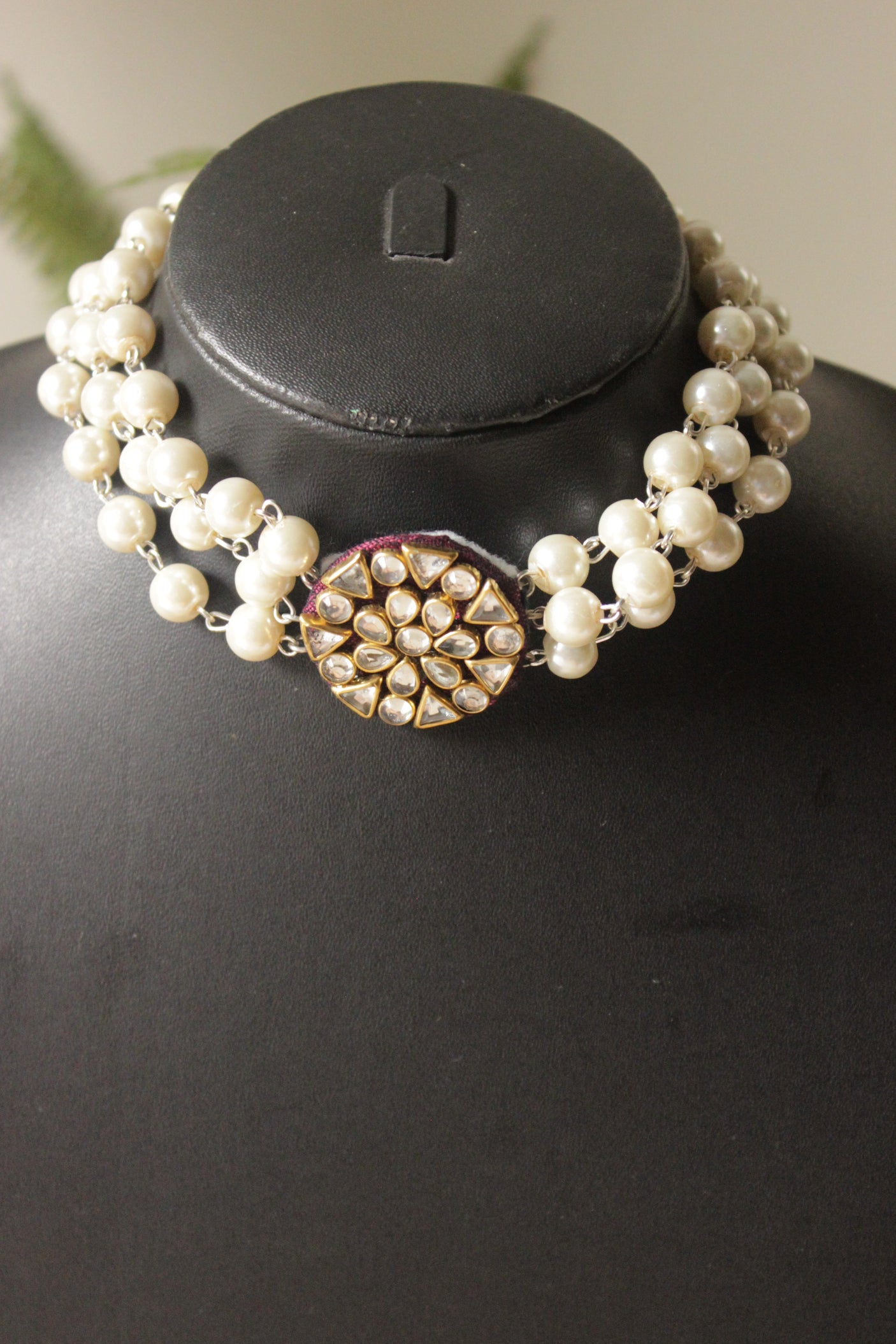 Kundan Stones Embedded Center Pendant White Beads Hand Braided Adjustable Length Choker Necklace Set