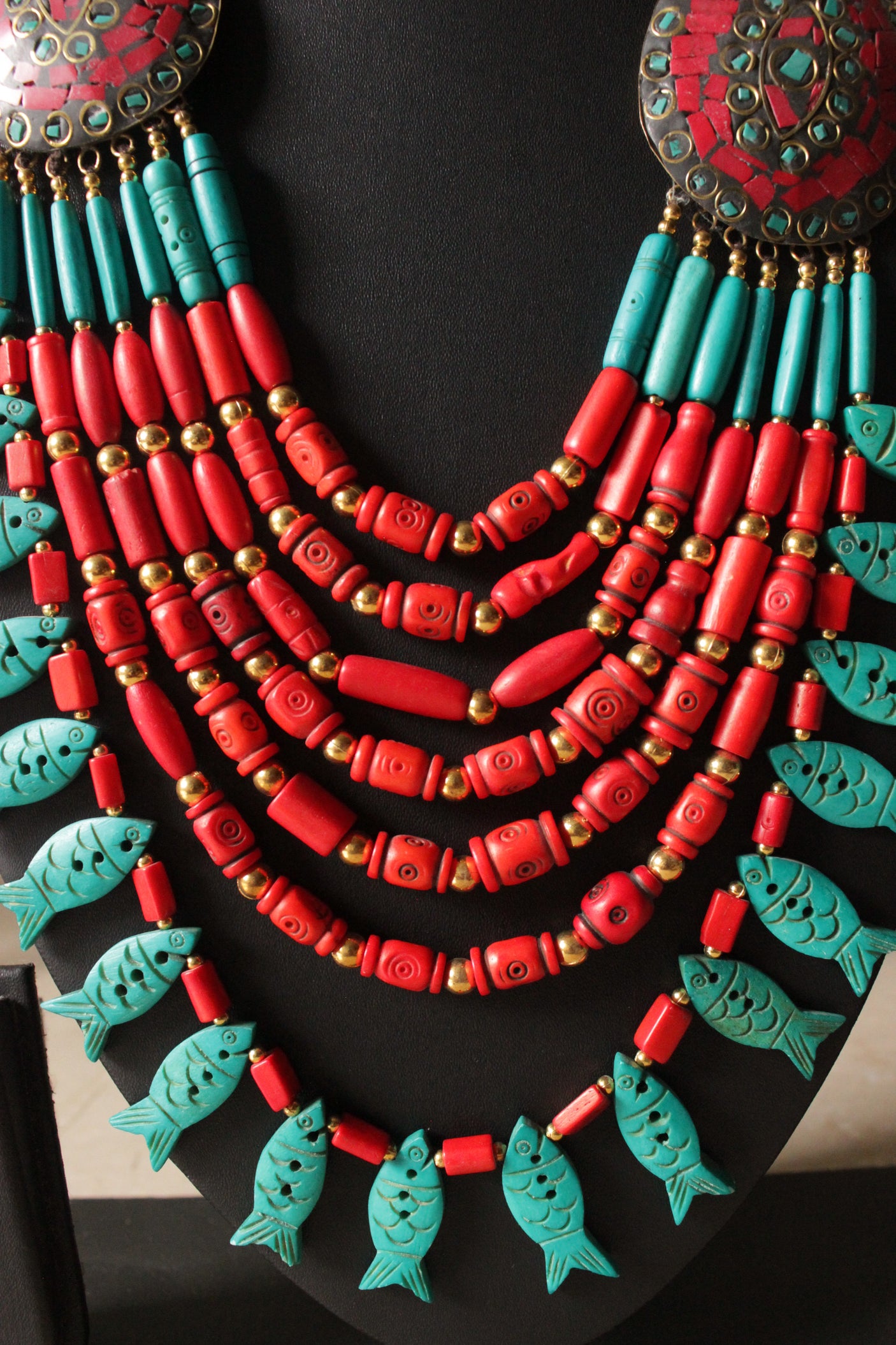 Turquoise & Red Wooden Beads Tribal Motifs Handcrafted Statement African Tribal Necklace