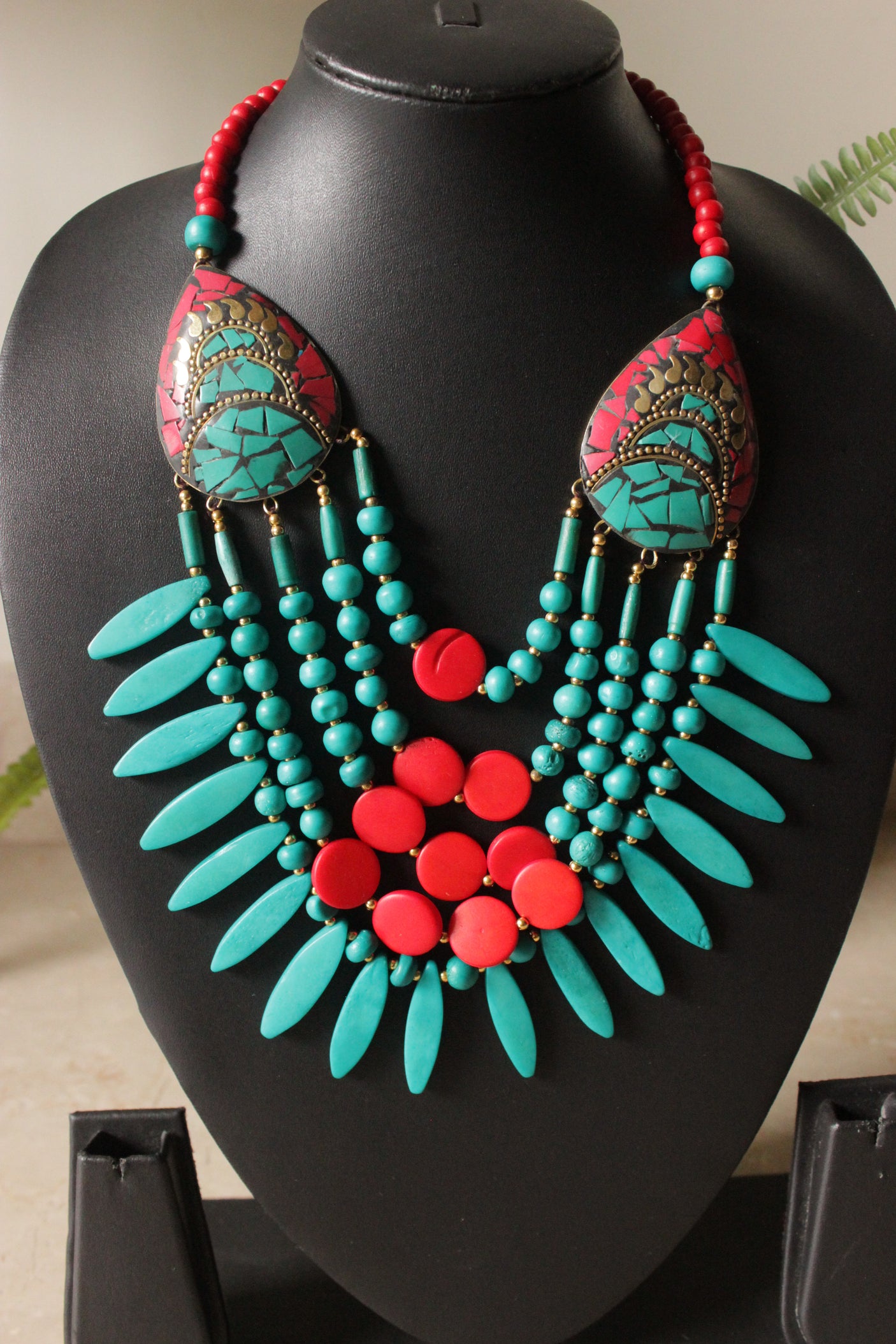 Red & Turquoise Wooden Beads Tribal Motifs Handcrafted Statement African Tribal Necklace