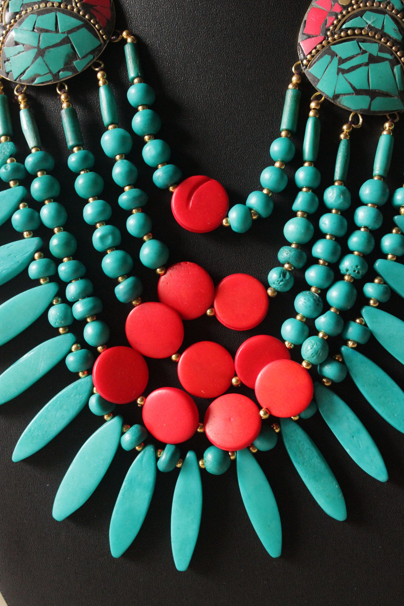 Red & Turquoise Wooden Beads Tribal Motifs Handcrafted Statement African Tribal Necklace