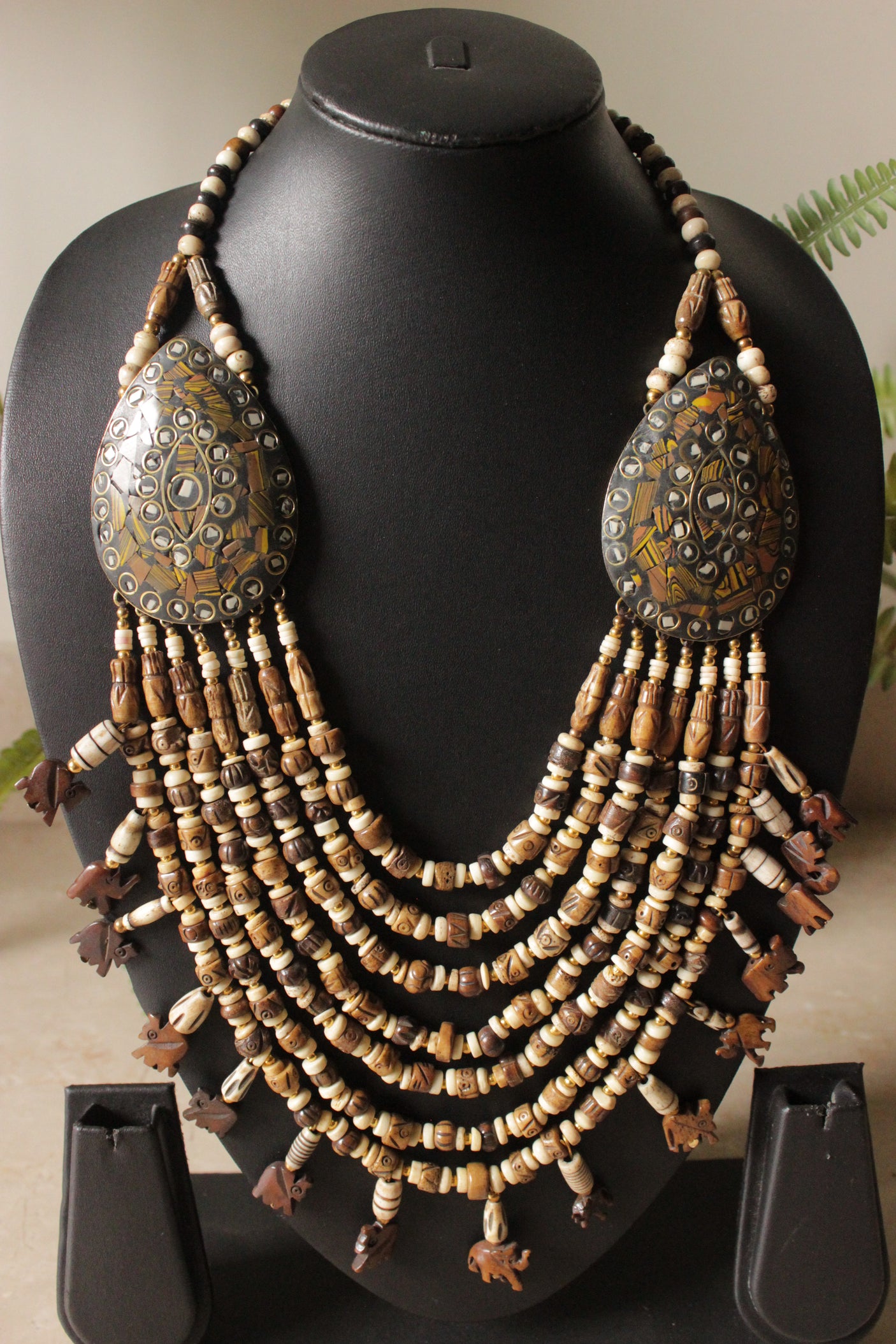 Ivory & Brown Wooden Beads Elephant Charms Tribal Motifs Handcrafted Statement African Tribal Necklace
