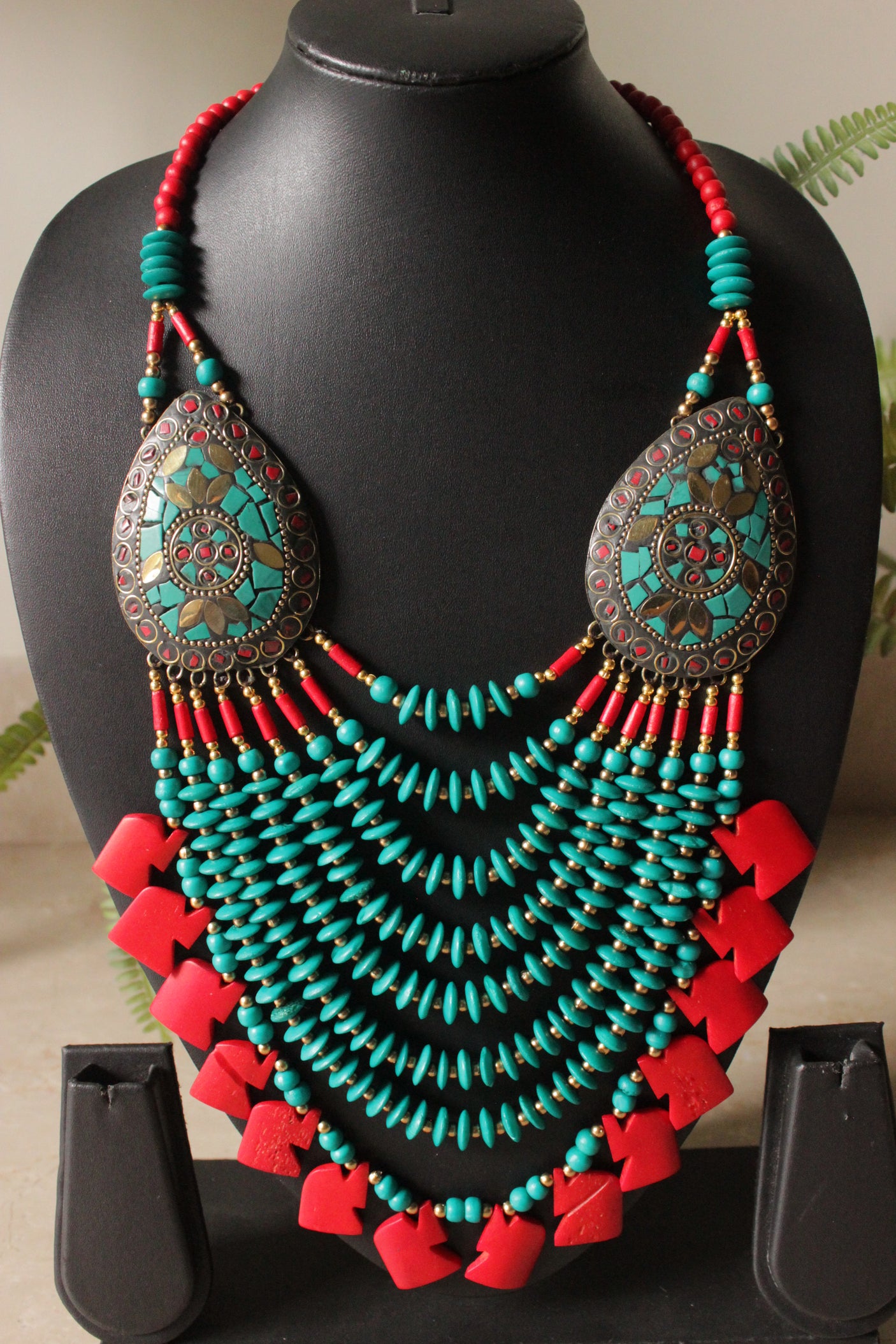 Turquoise & Red Wooden Beads Elephant Charms Tribal Motifs Handcrafted Statement African Tribal Necklace