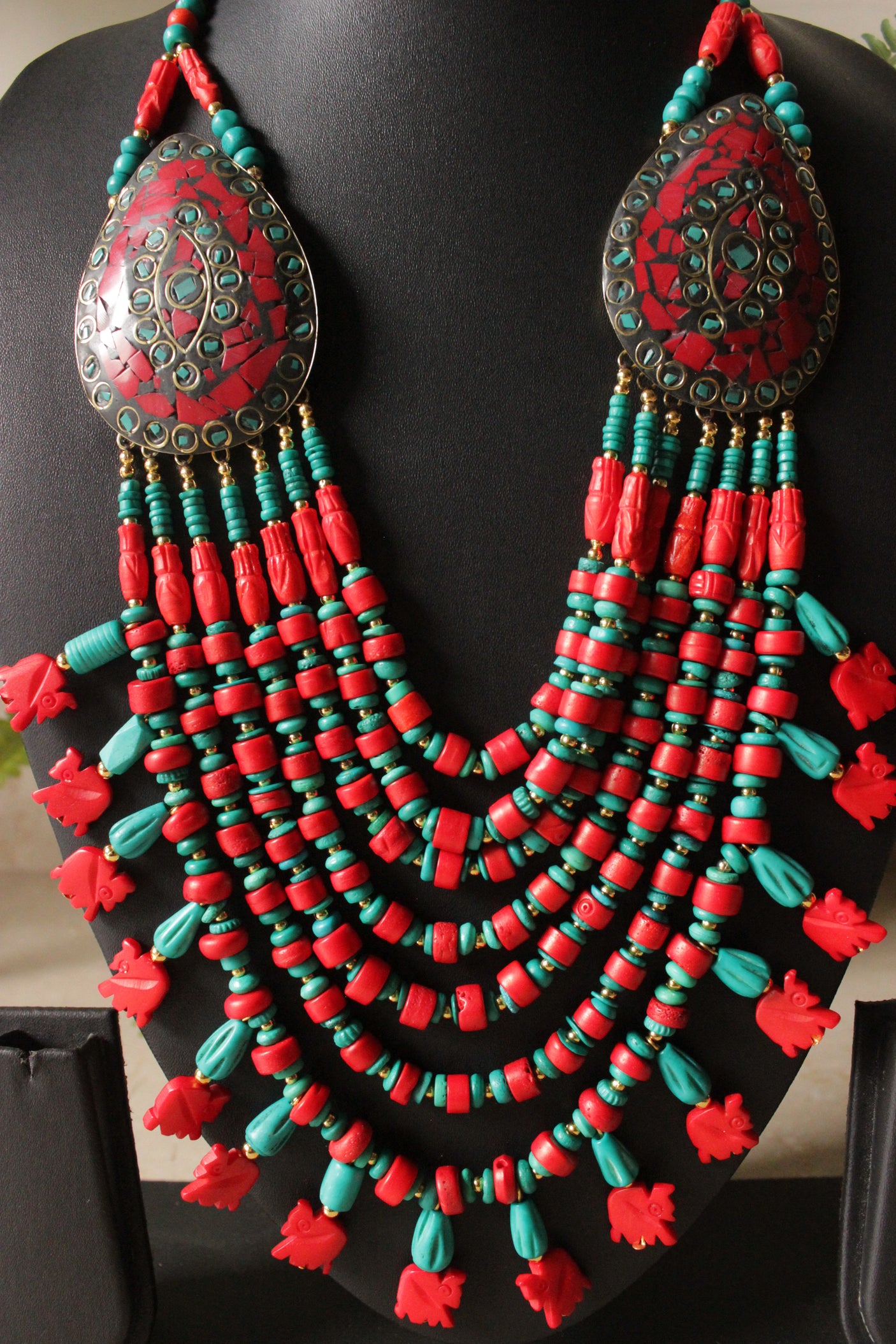 Turquoise & Red Bone Beads Elephant Charms Tribal Motifs Handcrafted Statement African Tribal Necklace