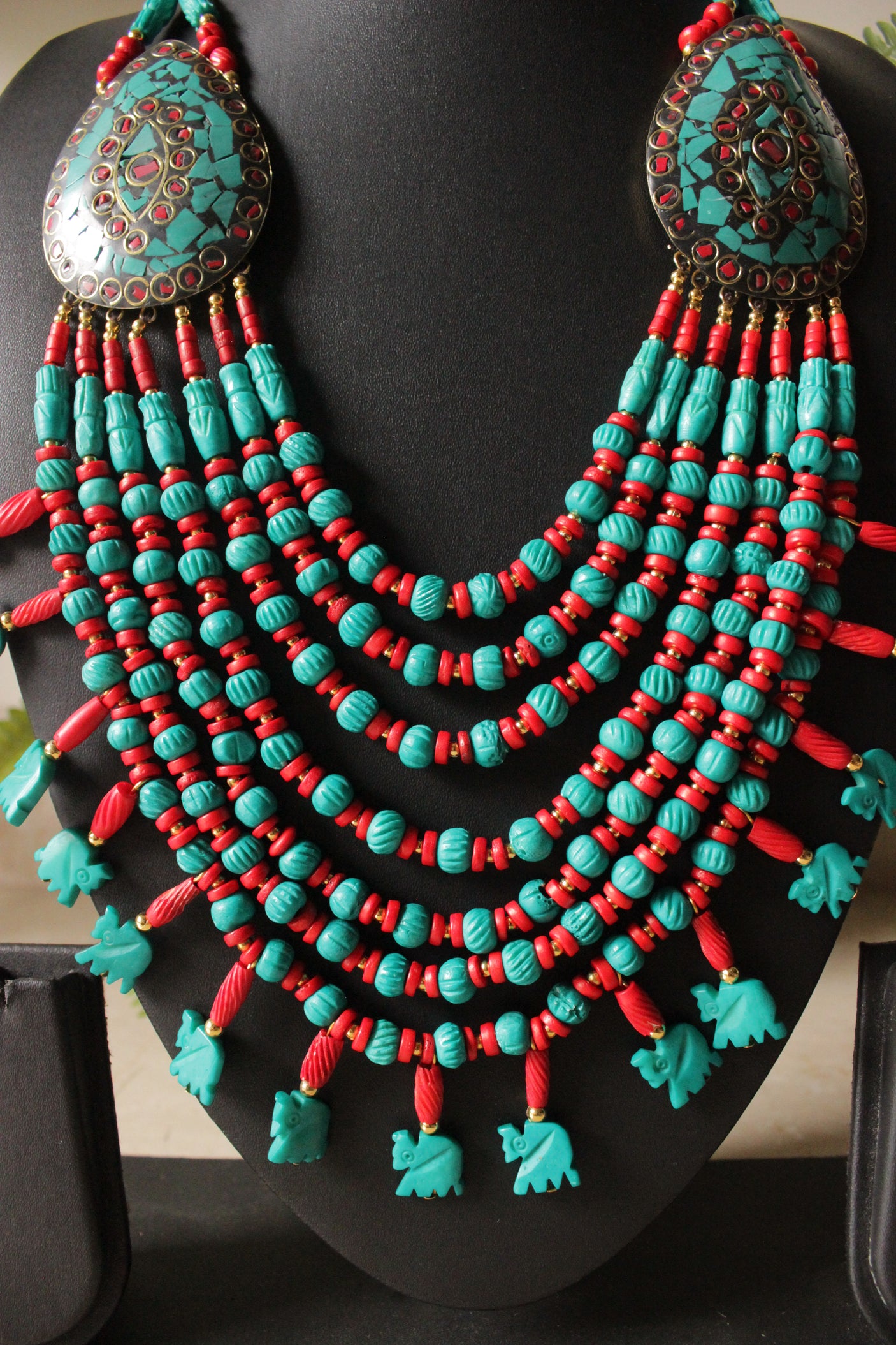 Turquoise & Red Bone Beads Elephant Charms Tribal Motifs Handcrafted Statement African Tribal Necklace