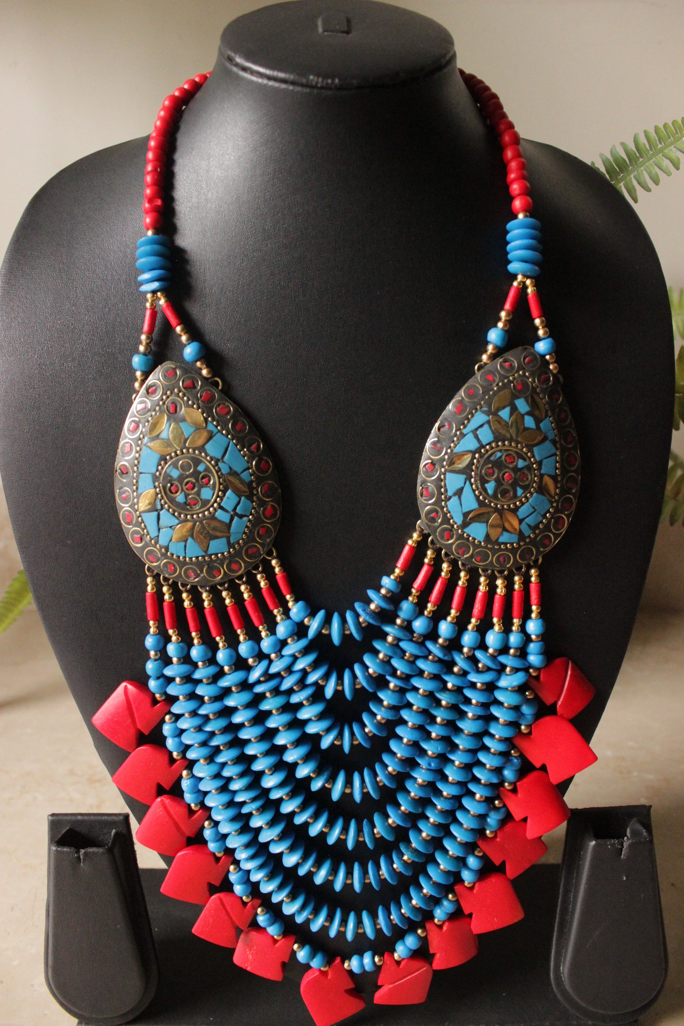 Sky Blue & Red Bone Beads Elephant Charms Tribal Motifs Handcrafted Statement African Tribal Necklace
