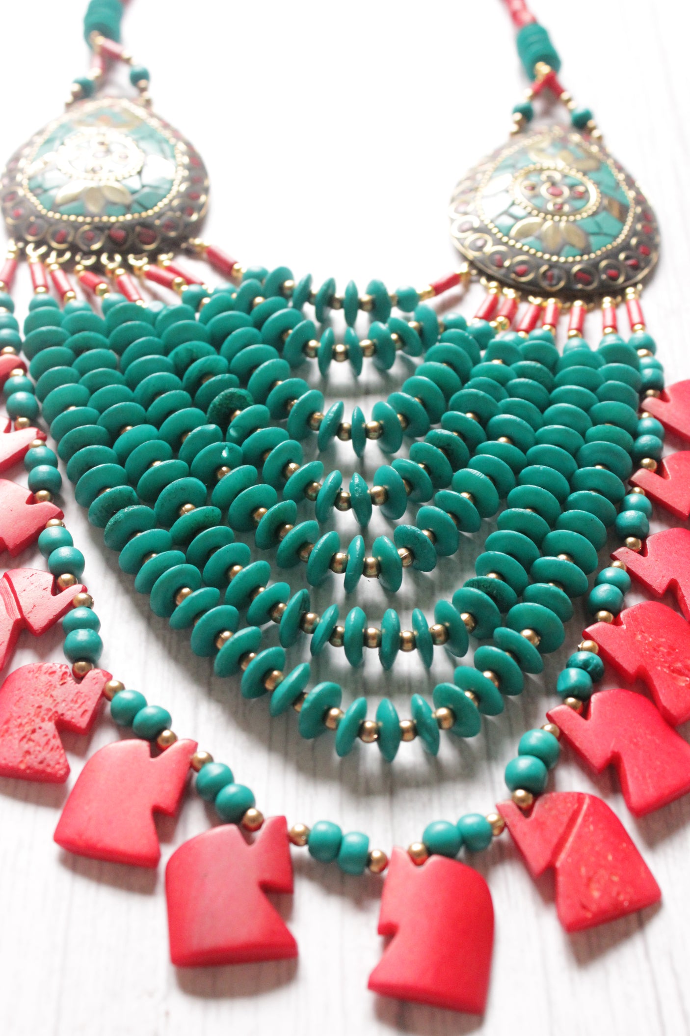 Turquoise & Red Wooden Beads Elephant Charms Tribal Motifs Handcrafted Statement African Tribal Necklace