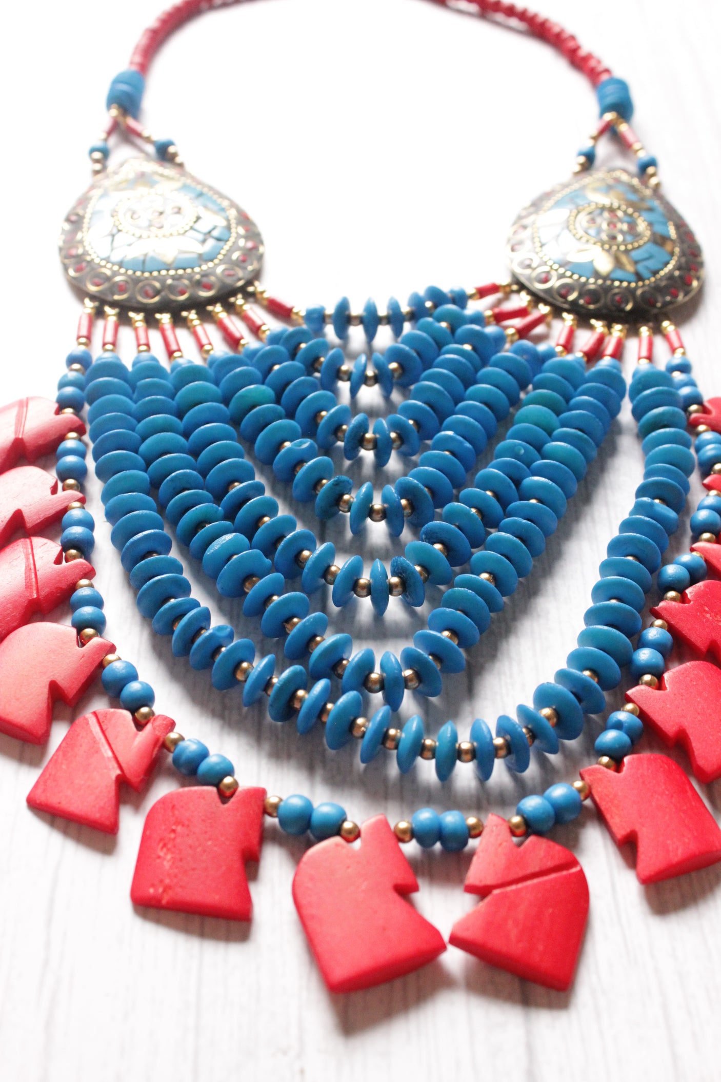 Sky Blue & Red Bone Beads Elephant Charms Tribal Motifs Handcrafted Statement African Tribal Necklace