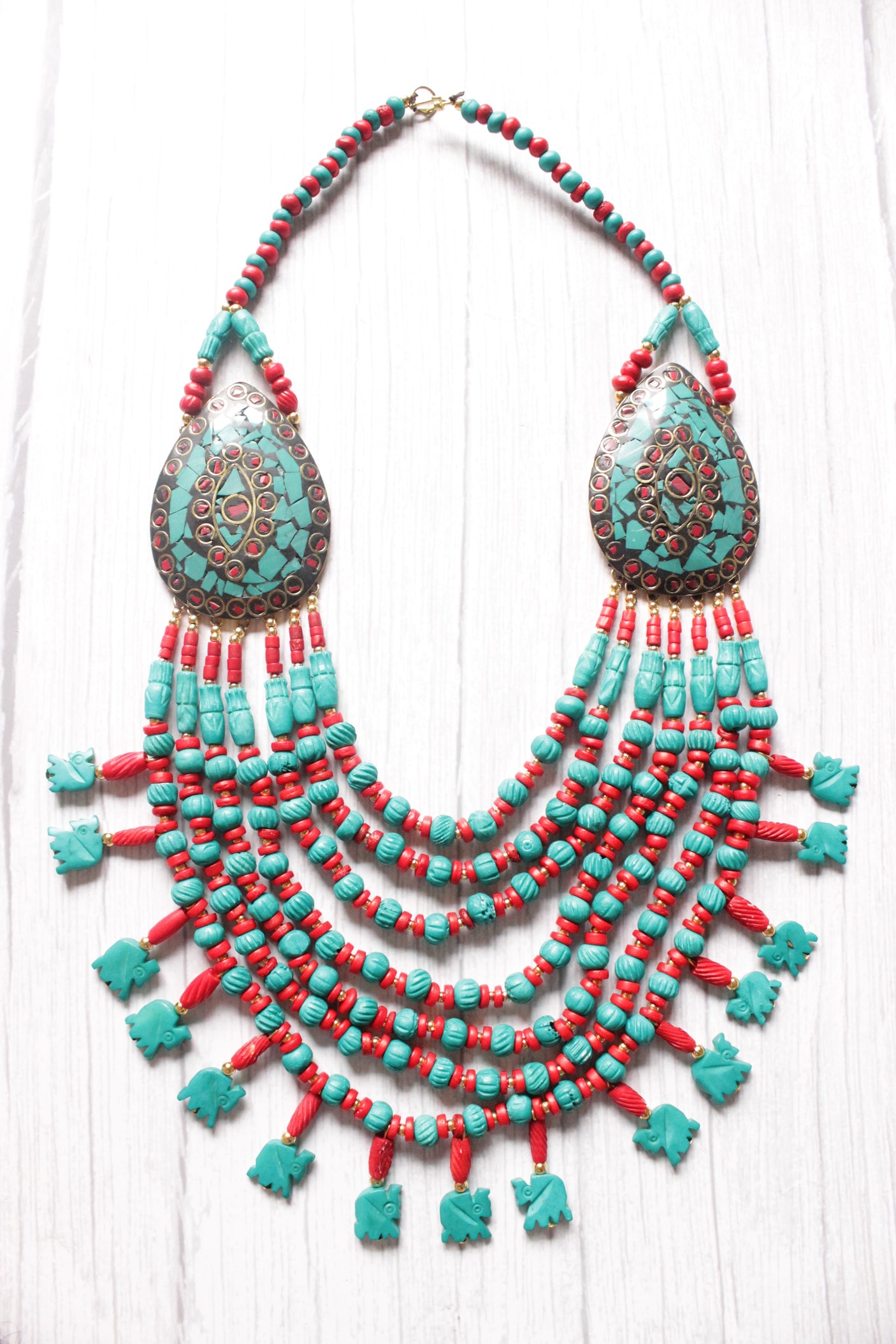 Turquoise & Red Bone Beads Elephant Charms Tribal Motifs Handcrafted Statement African Tribal Necklace