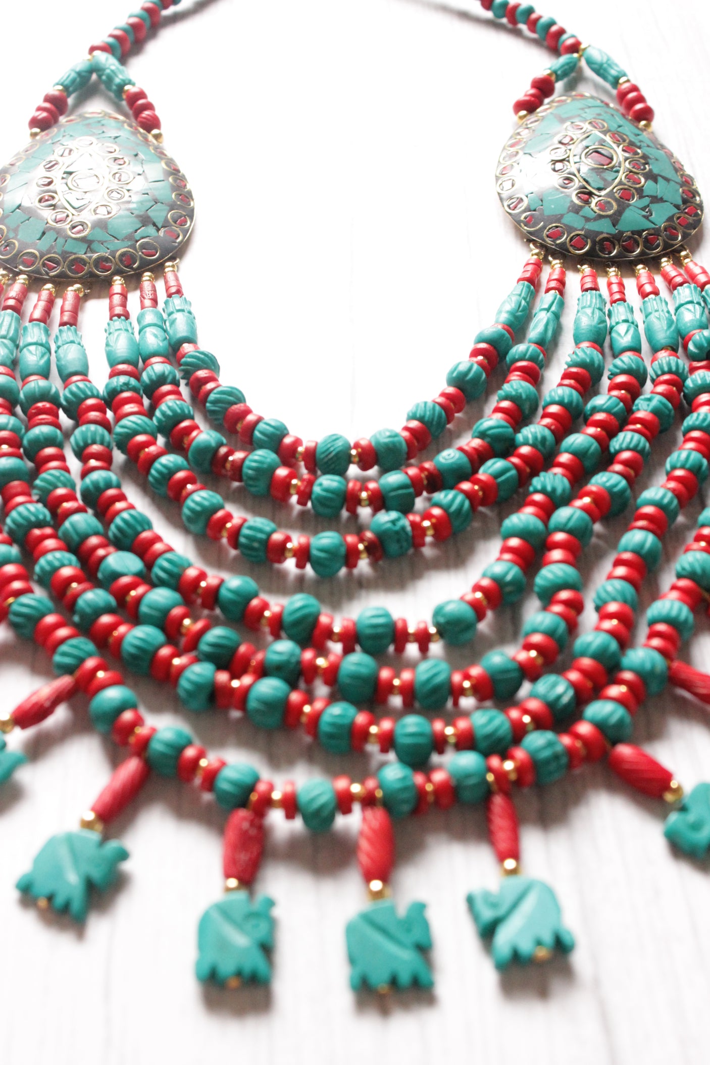 Turquoise & Red Bone Beads Elephant Charms Tribal Motifs Handcrafted Statement African Tribal Necklace