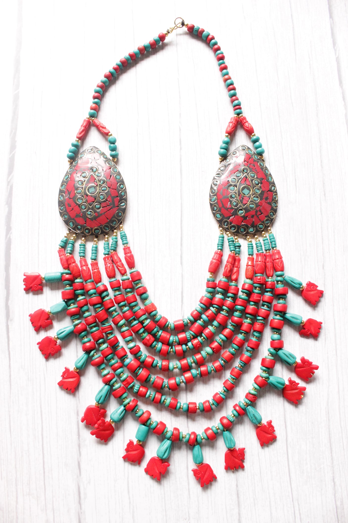 Turquoise & Red Bone Beads Elephant Charms Tribal Motifs Handcrafted Statement African Tribal Necklace