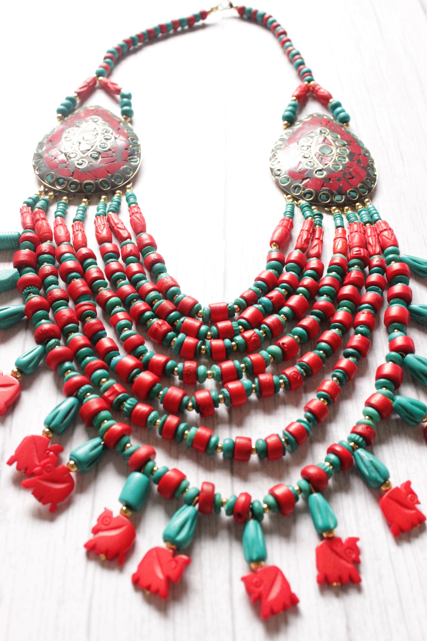 Turquoise & Red Bone Beads Elephant Charms Tribal Motifs Handcrafted Statement African Tribal Necklace
