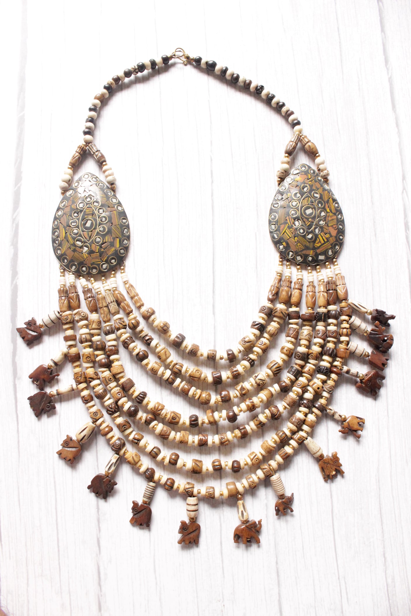 Ivory & Brown Wooden Beads Elephant Charms Tribal Motifs Handcrafted Statement African Tribal Necklace