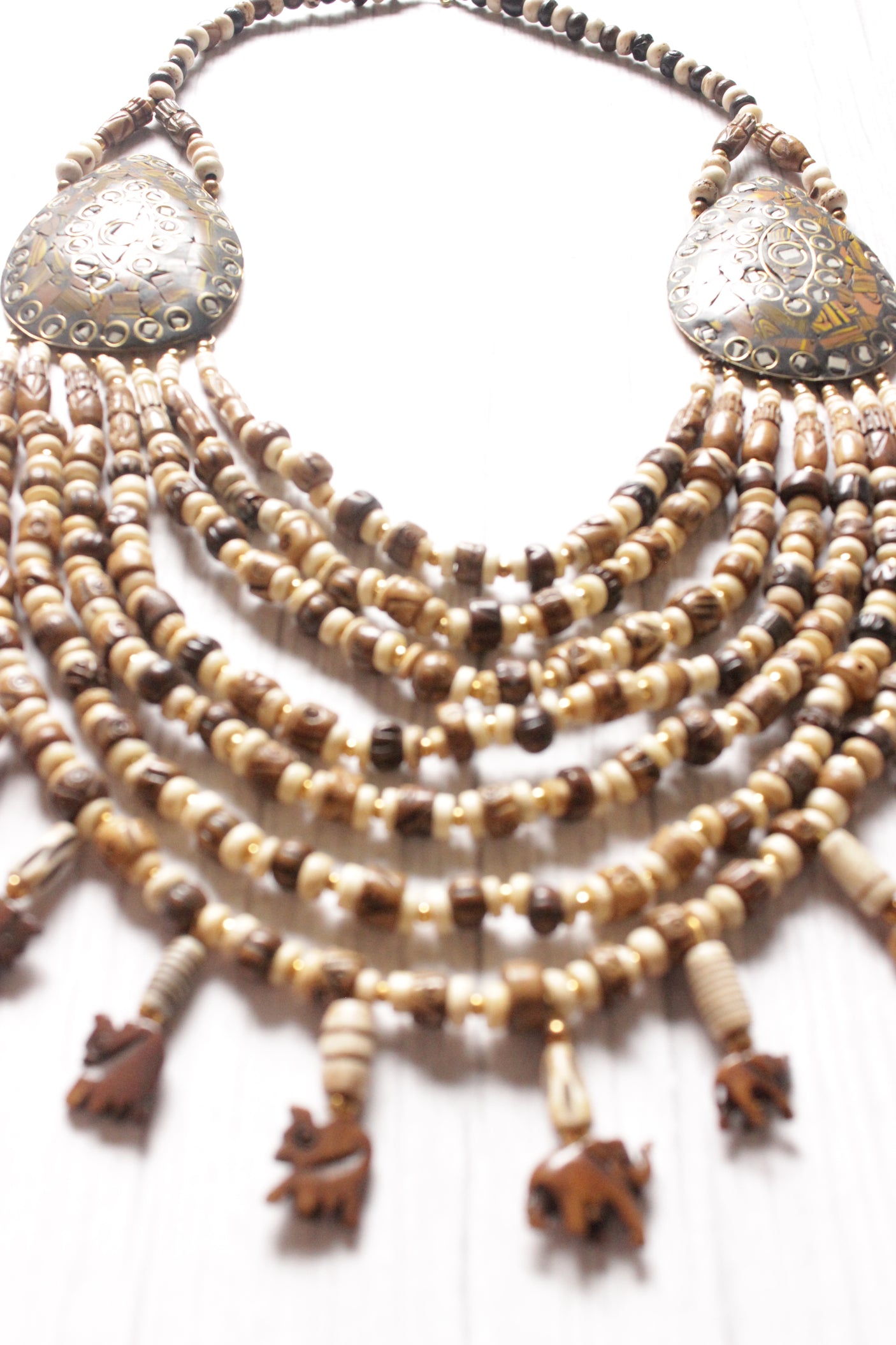 Ivory & Brown Wooden Beads Elephant Charms Tribal Motifs Handcrafted Statement African Tribal Necklace
