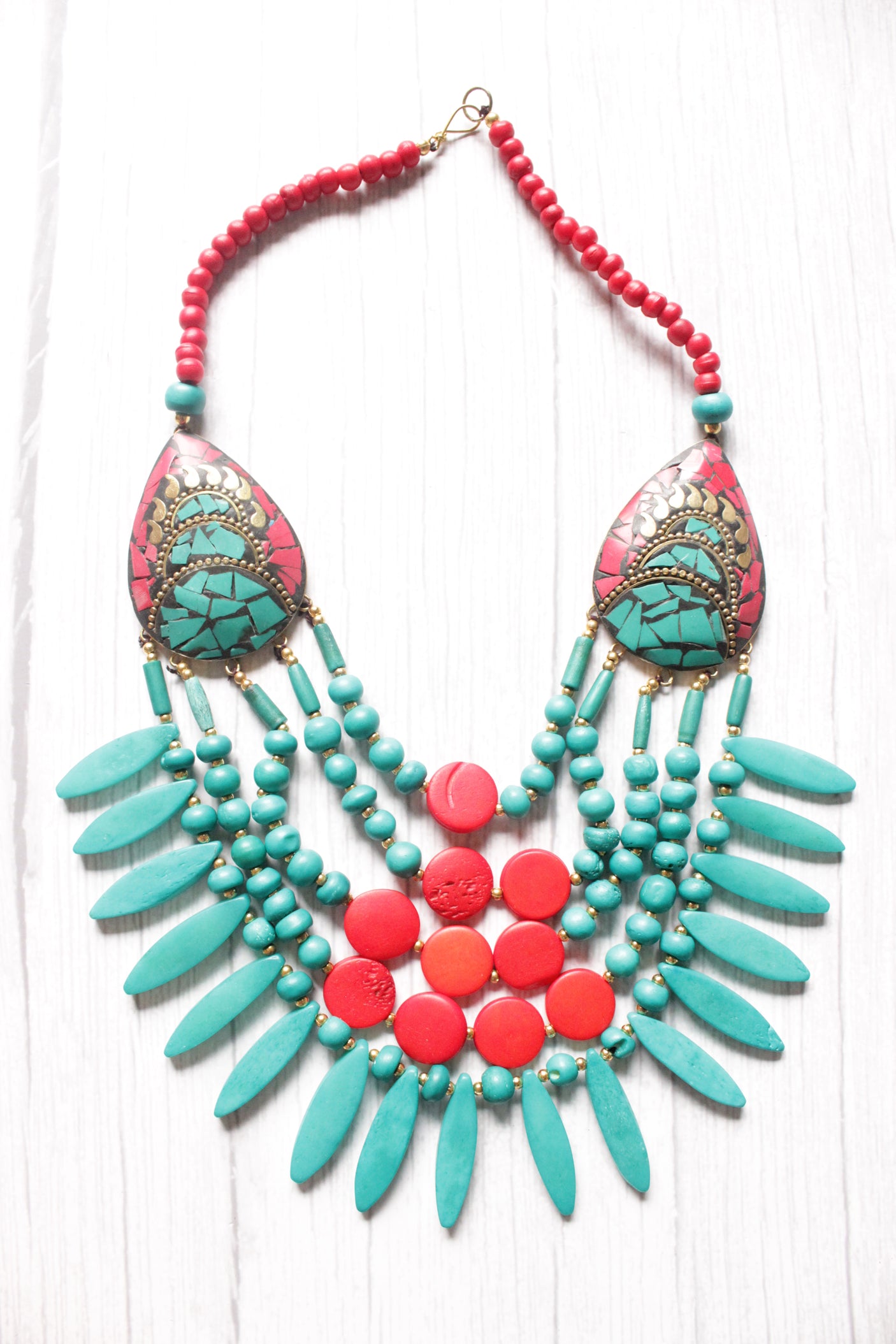 Red & Turquoise Wooden Beads Tribal Motifs Handcrafted Statement African Tribal Necklace