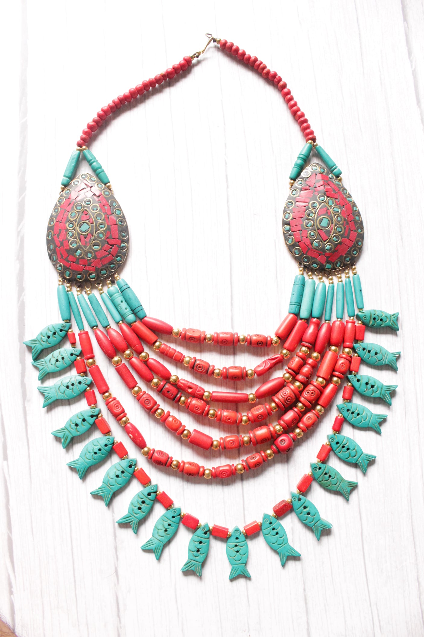 Turquoise & Red Wooden Beads Tribal Motifs Handcrafted Statement African Tribal Necklace