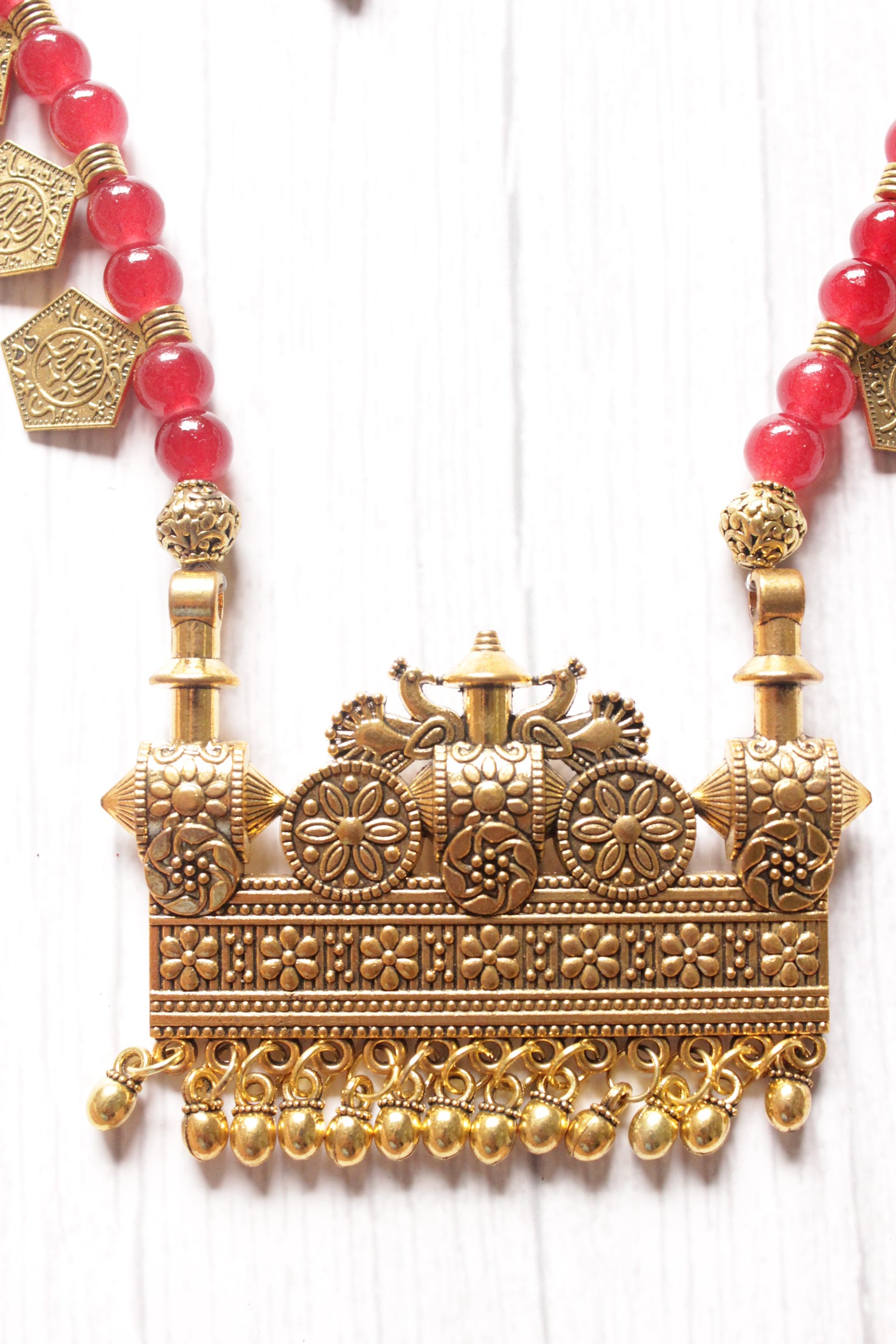 Gold Toned Stamped Coins Red Beads Braided Statement Pendant Necklace Set