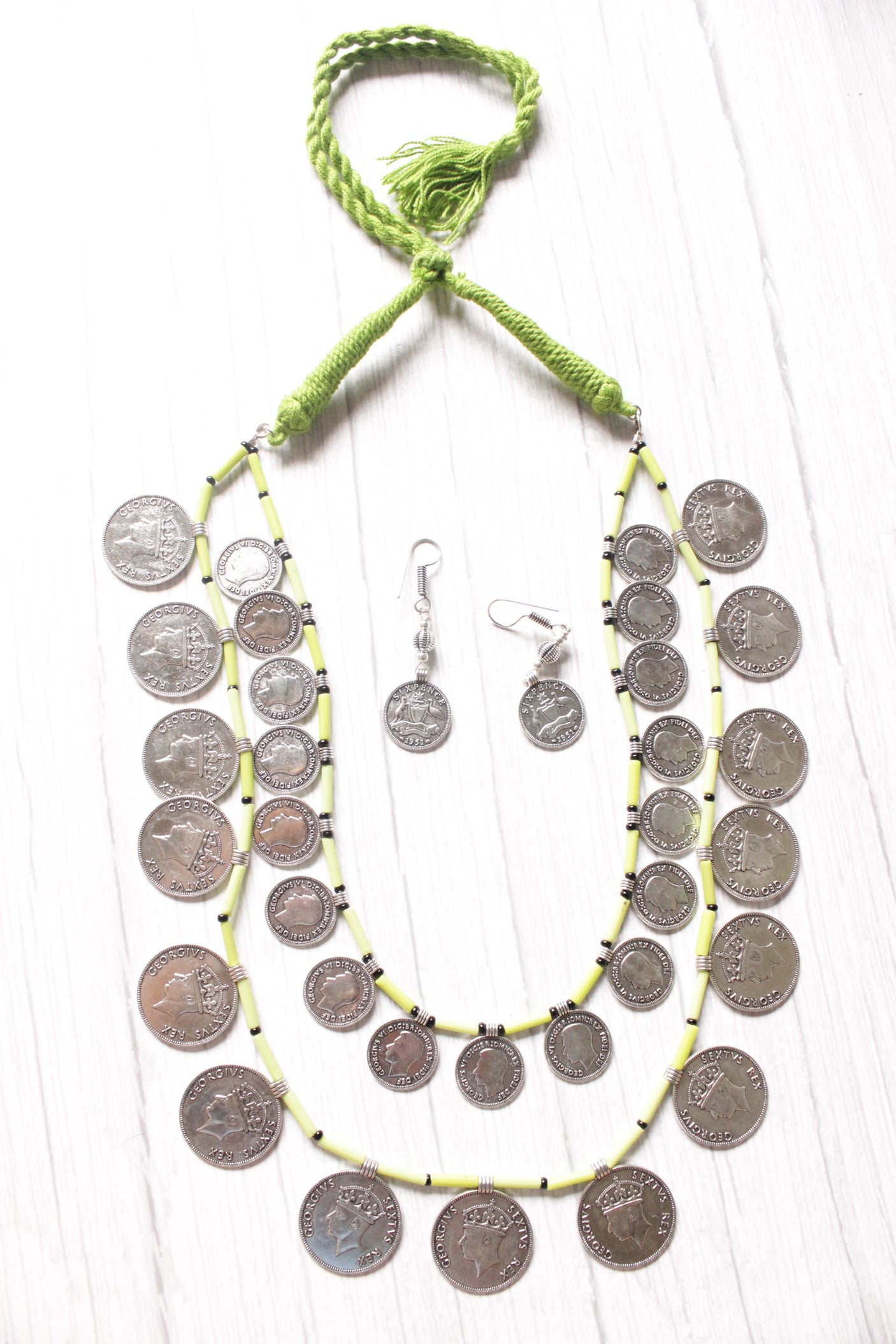 2 Layer Lime Green Beads and Vintage Stamped Metal Coins Braided Necklace Set