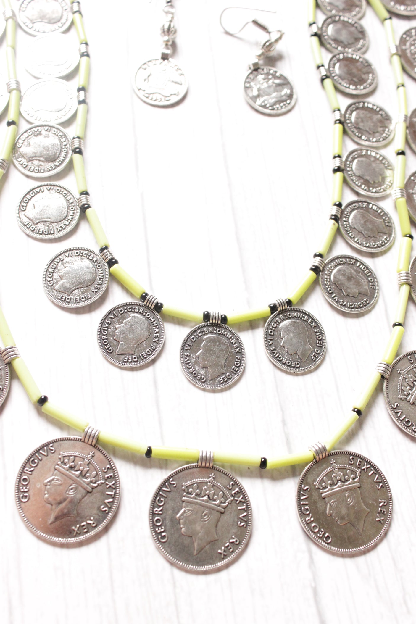 2 Layer Lime Green Beads and Vintage Stamped Metal Coins Braided Necklace Set