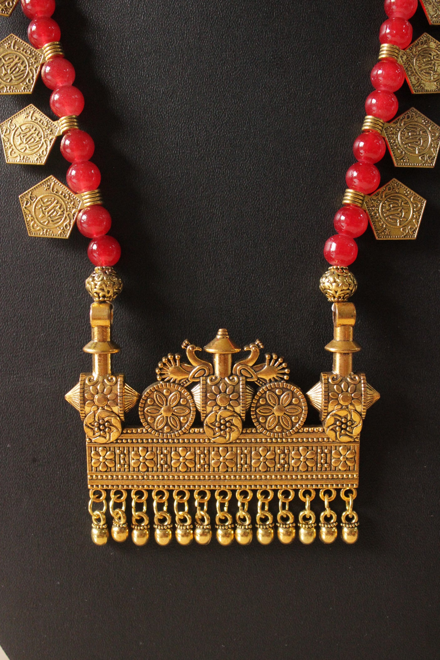 Gold Toned Stamped Coins Red Beads Braided Statement Pendant Necklace Set