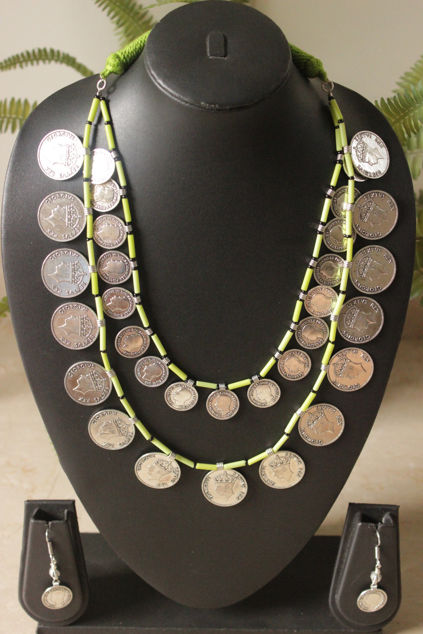 2 Layer Lime Green Beads and Vintage Stamped Metal Coins Braided Necklace Set