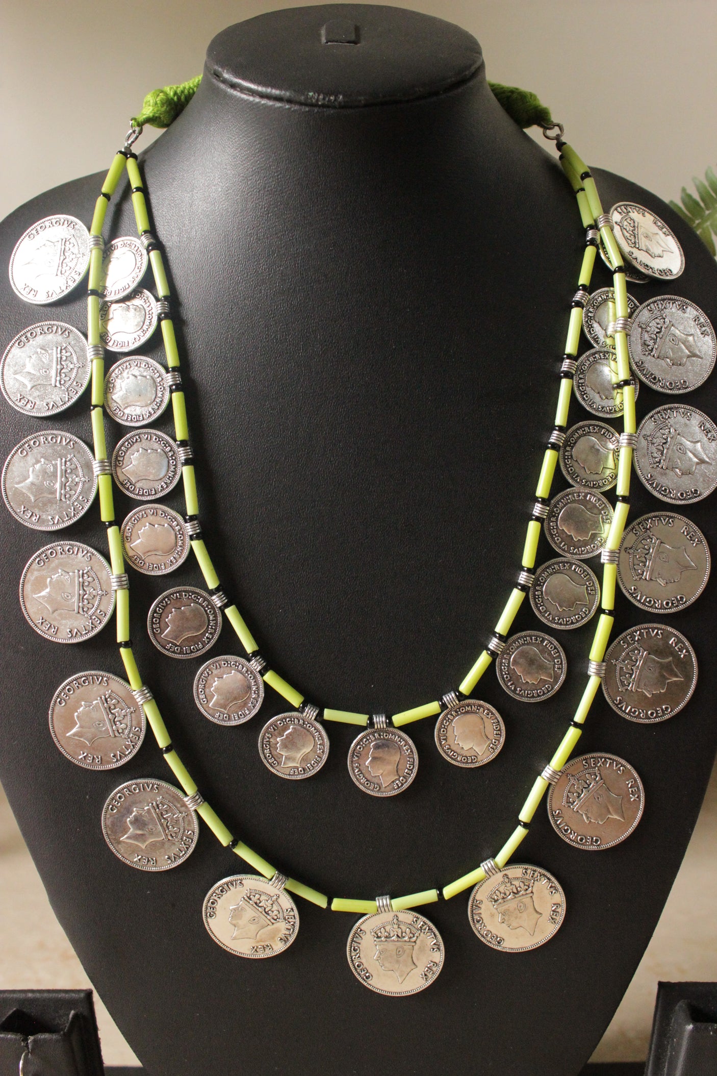 2 Layer Lime Green Beads and Vintage Stamped Metal Coins Braided Necklace Set