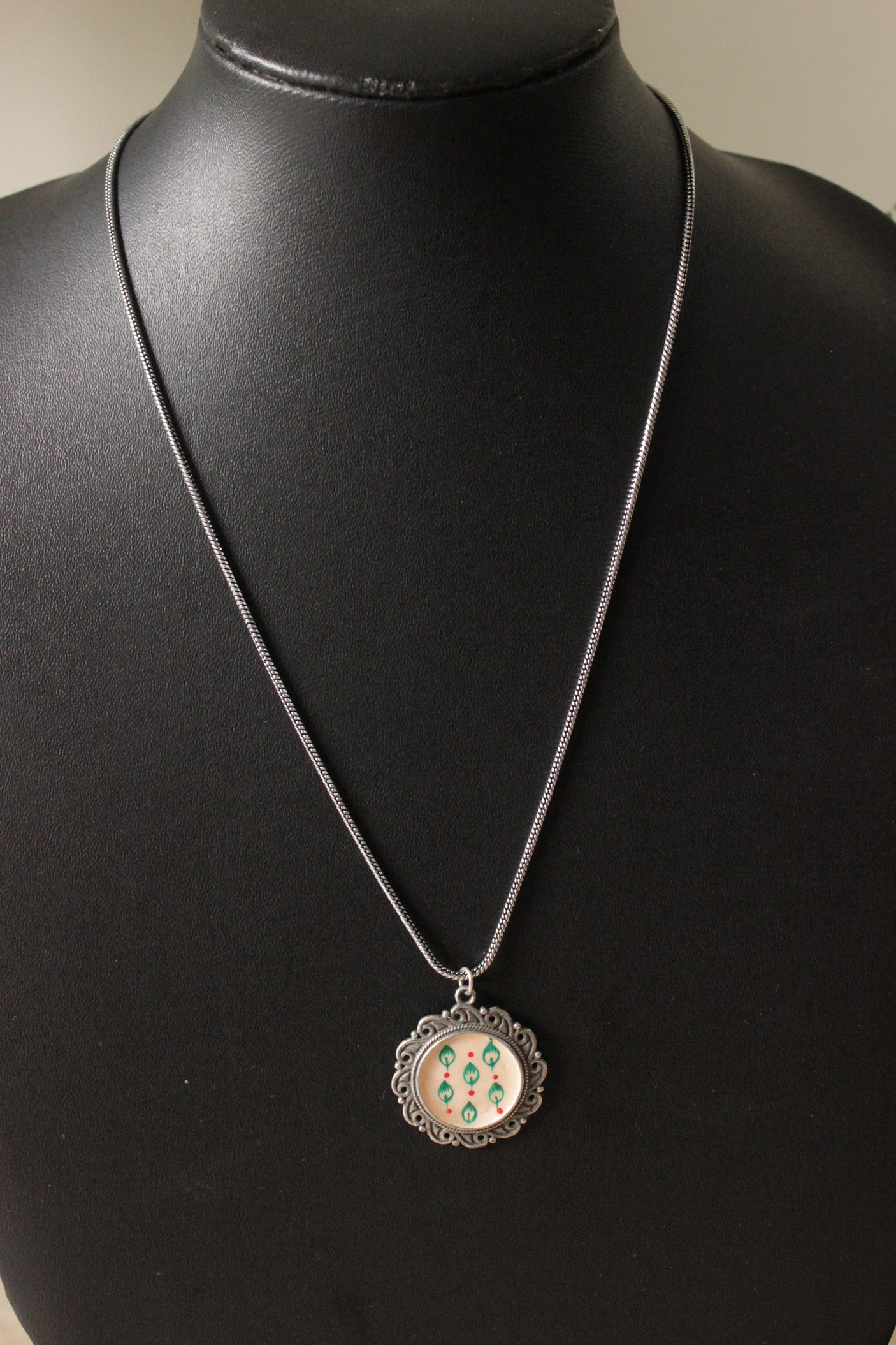 Oxidised Silver Finish Hand Painted Pendant Chain Necklace