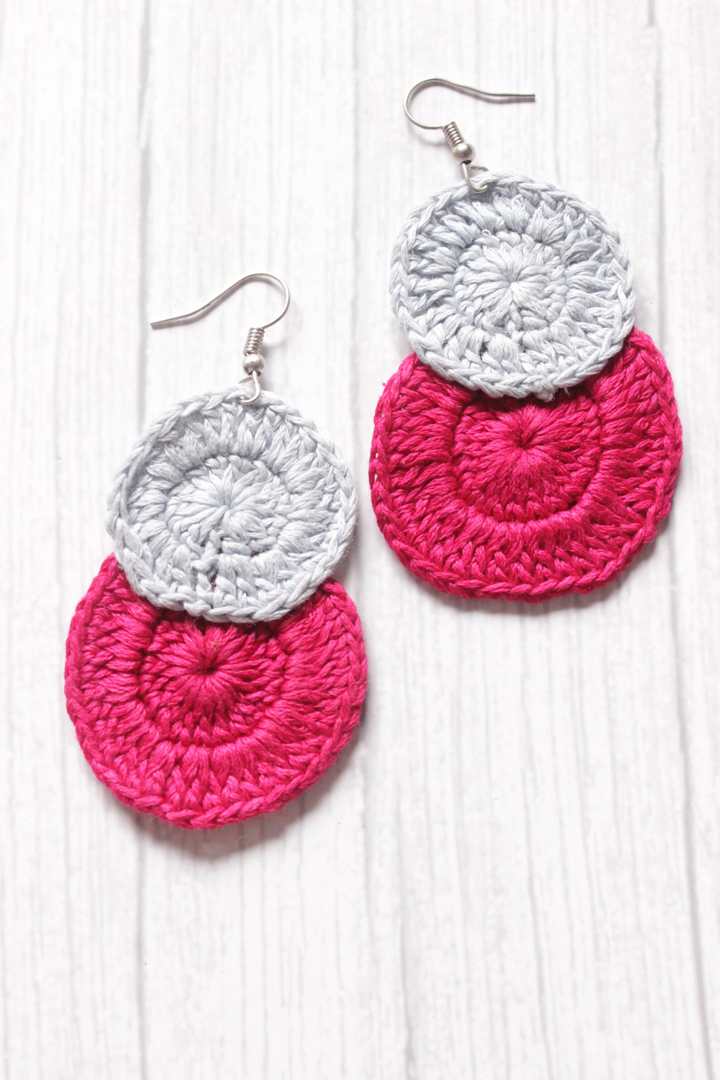 White and Pink Circular Crochet Hand Knitted Dangler Earrings