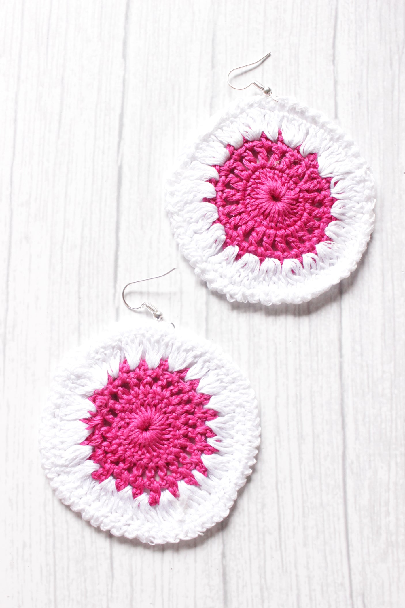White and Pink Circular Crochet Hand Knitted Dangler Earrings