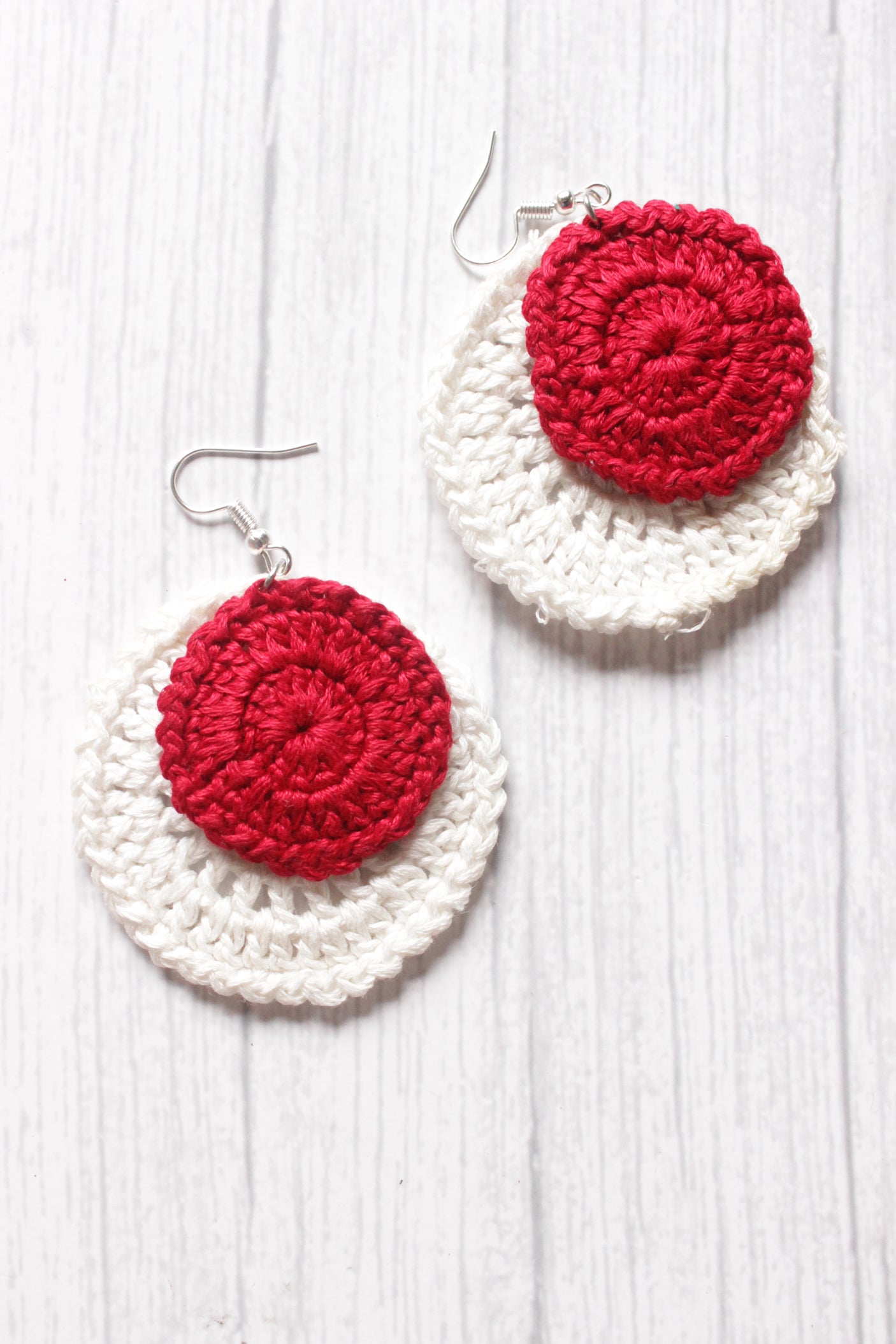 Red & White Circular Crochet Hand Knitted Dangler Earrings