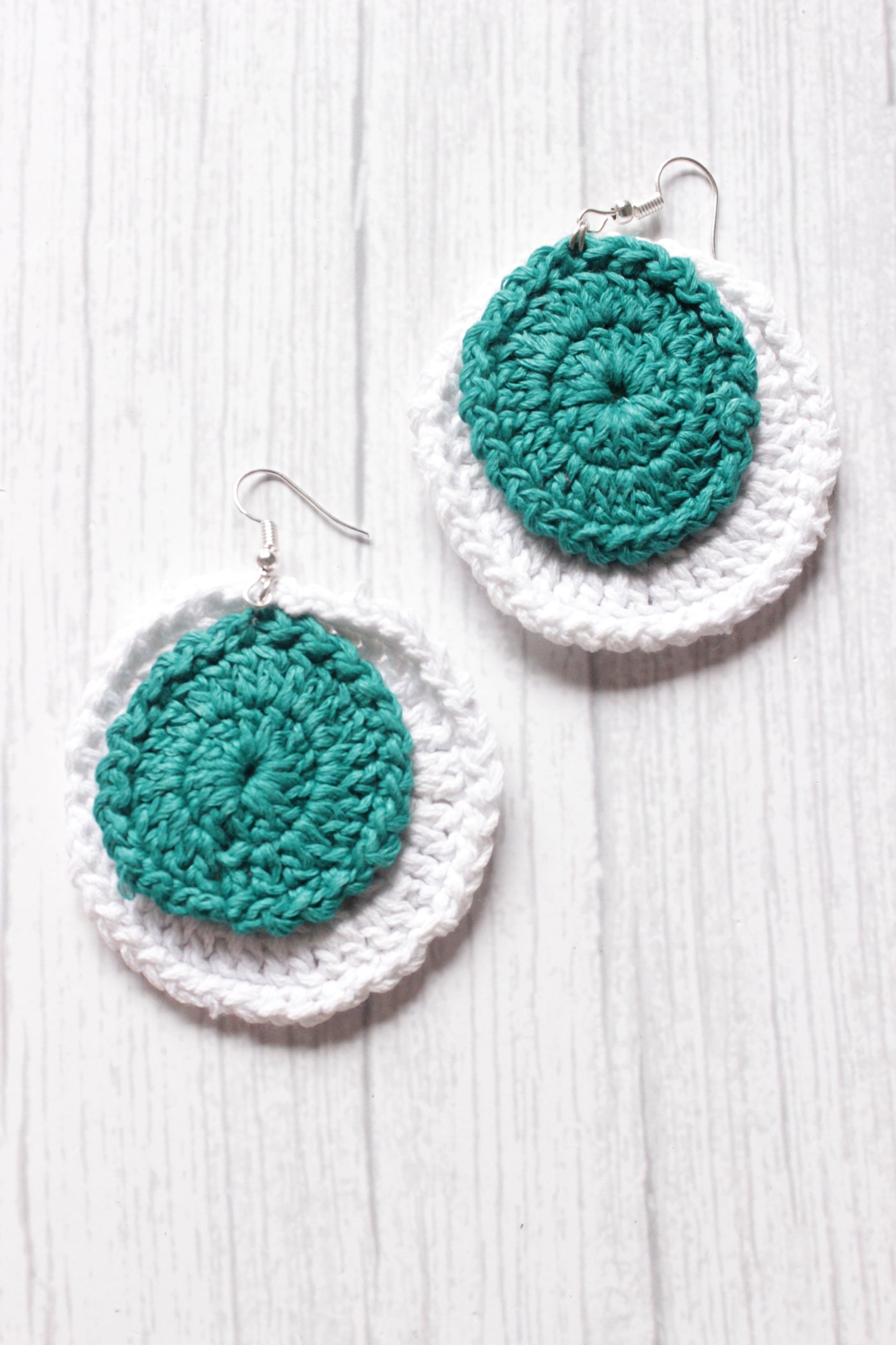 Turquoise & White Circular Crochet Hand Knitted Dangler Earrings