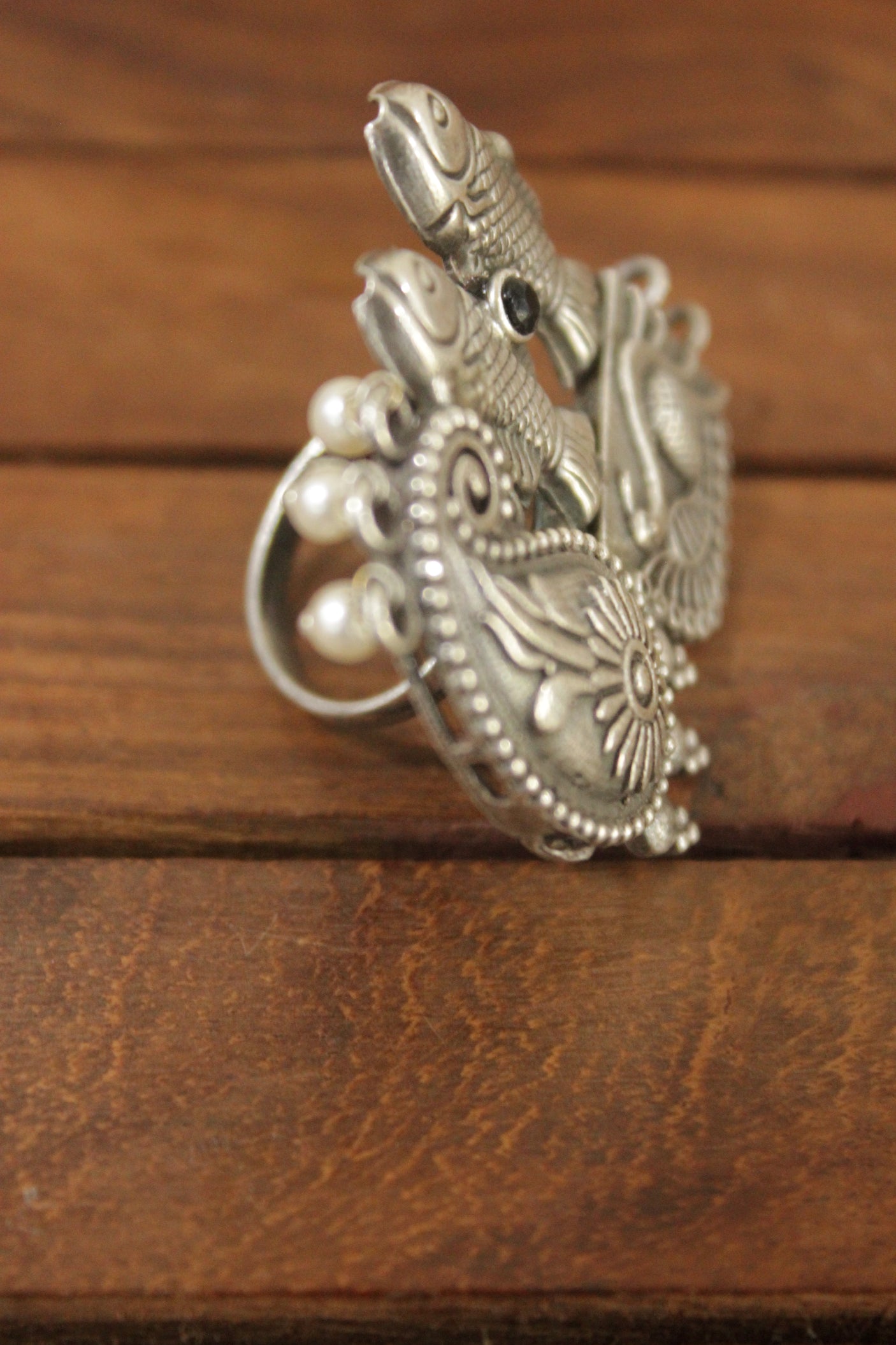 Oxidised Silver Finish Peacock & Fish Motifs Intricately Detailed Statement Cocktail Ring