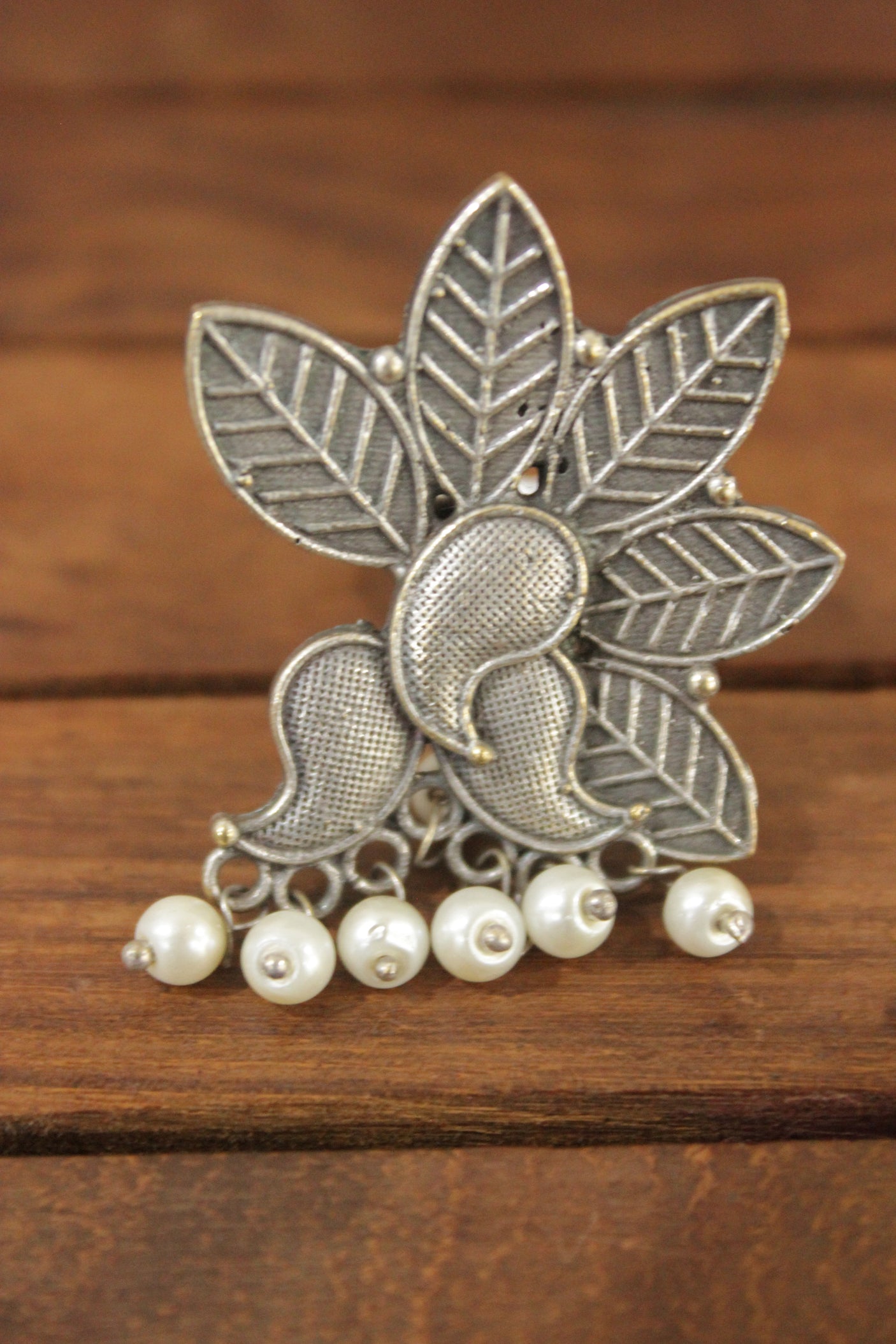 Oxidised Silver Finish Leaf Motifs Statement Cocktail Ring Embellished with White Beads