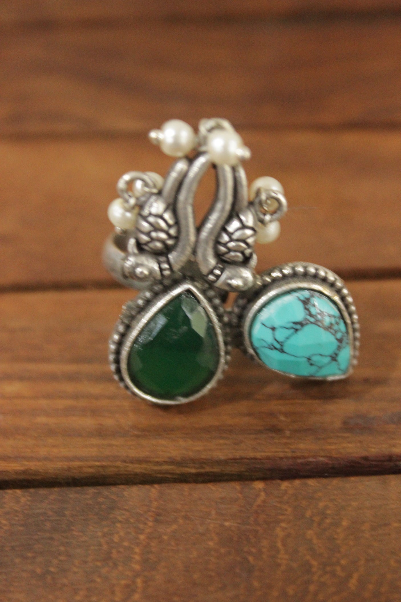Turquoise & Green Glass Stones Embedded Oxidised Silver Finish Peacock Motif Intricately Detailed Statement Cocktail Ring