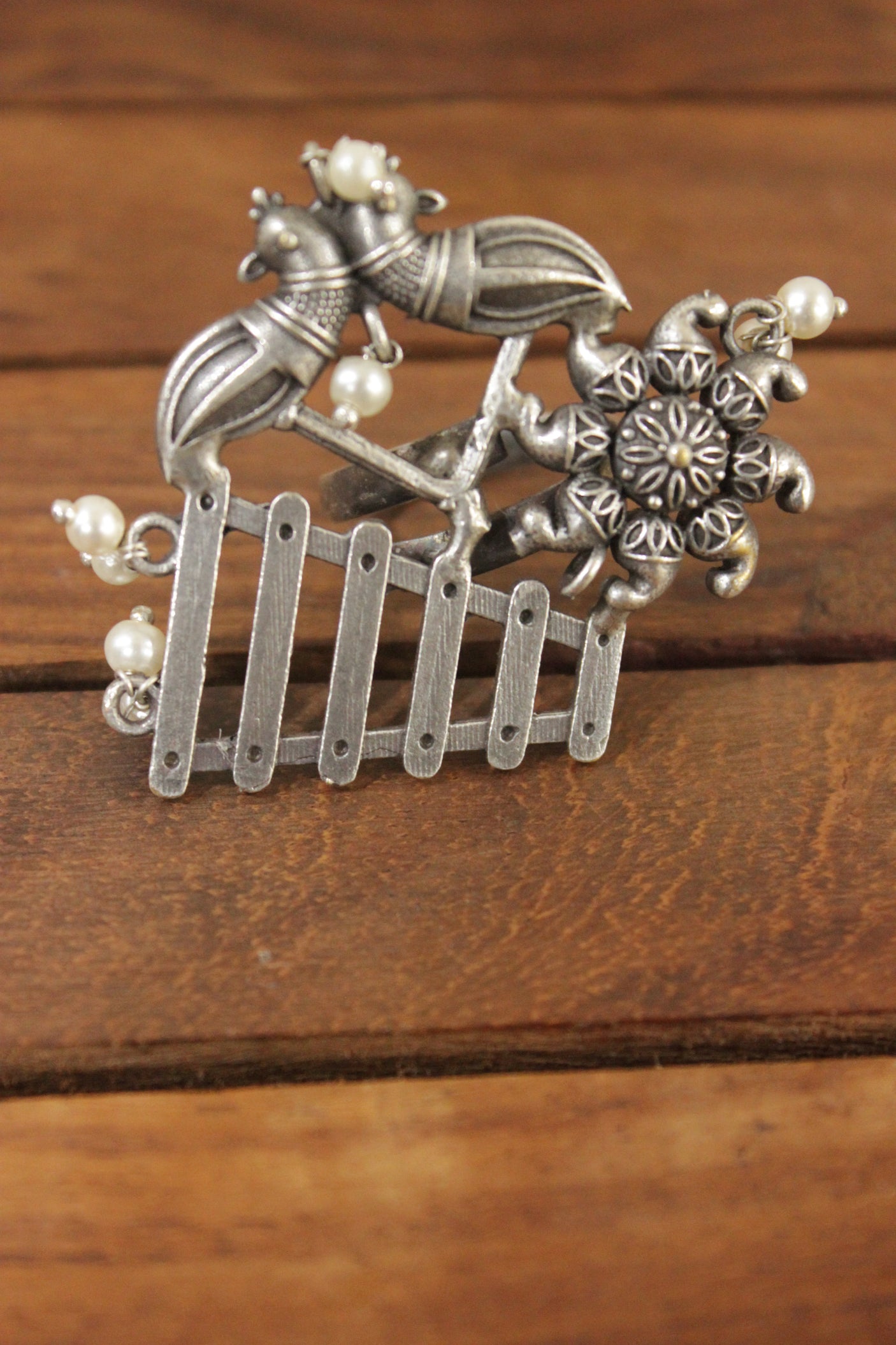Oxidised Silver Finish Bird Motifs Xylophone Statement Cocktail Ring