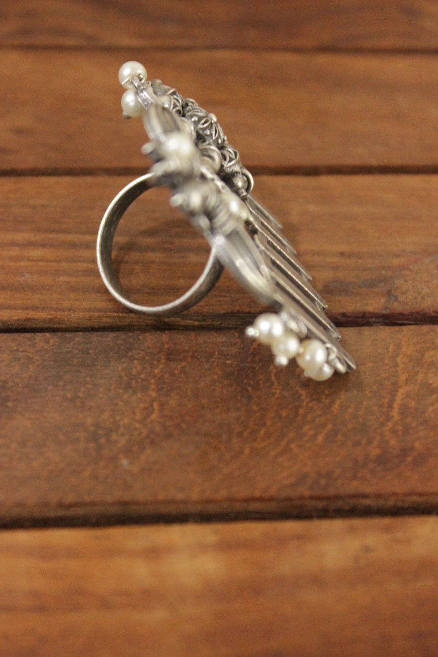 Oxidised Silver Finish Bird Motifs Xylophone Statement Cocktail Ring