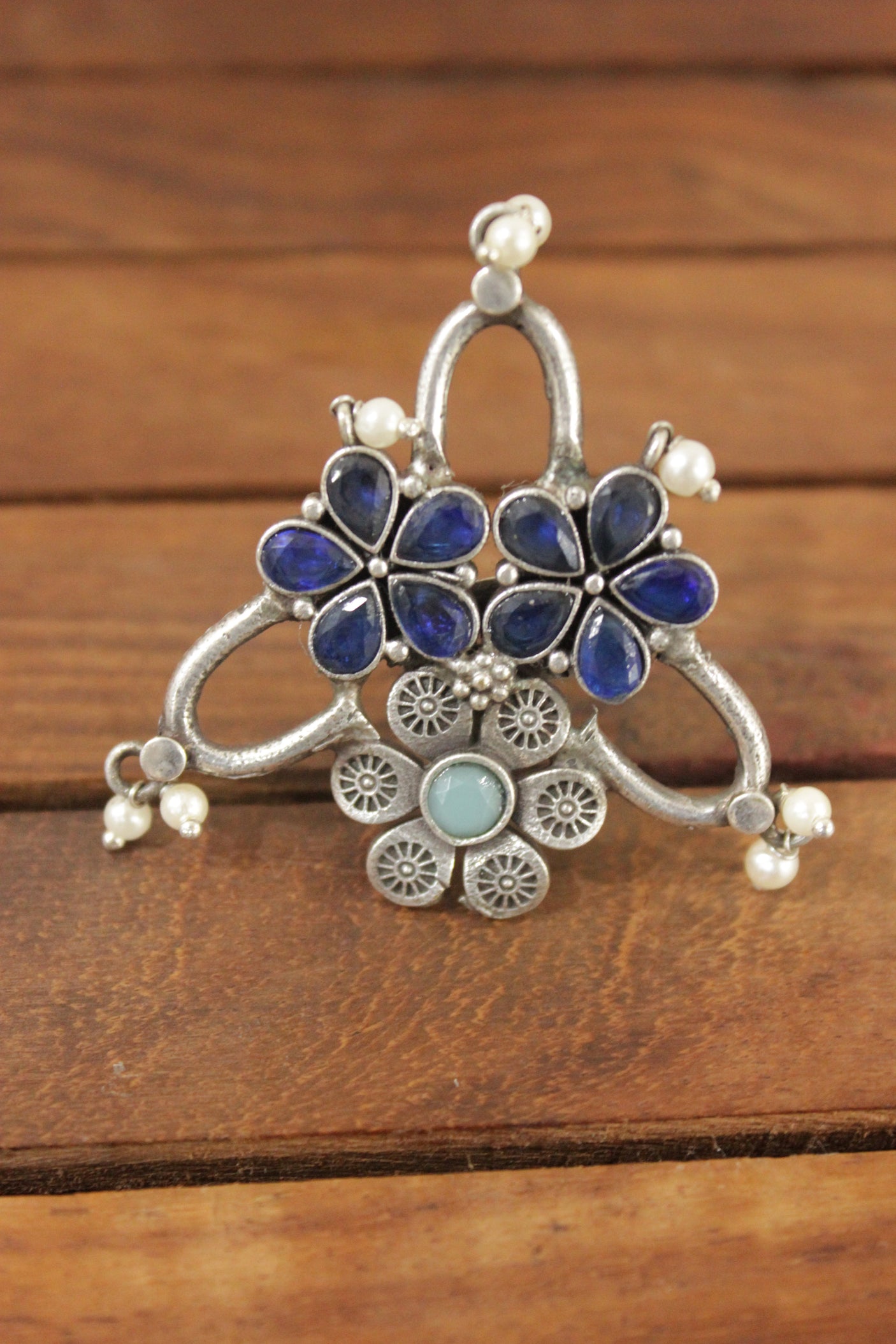 Oxidised Silver Finish Purple Glass Stones Embedded Flower Motifs Statement Cocktail Ring