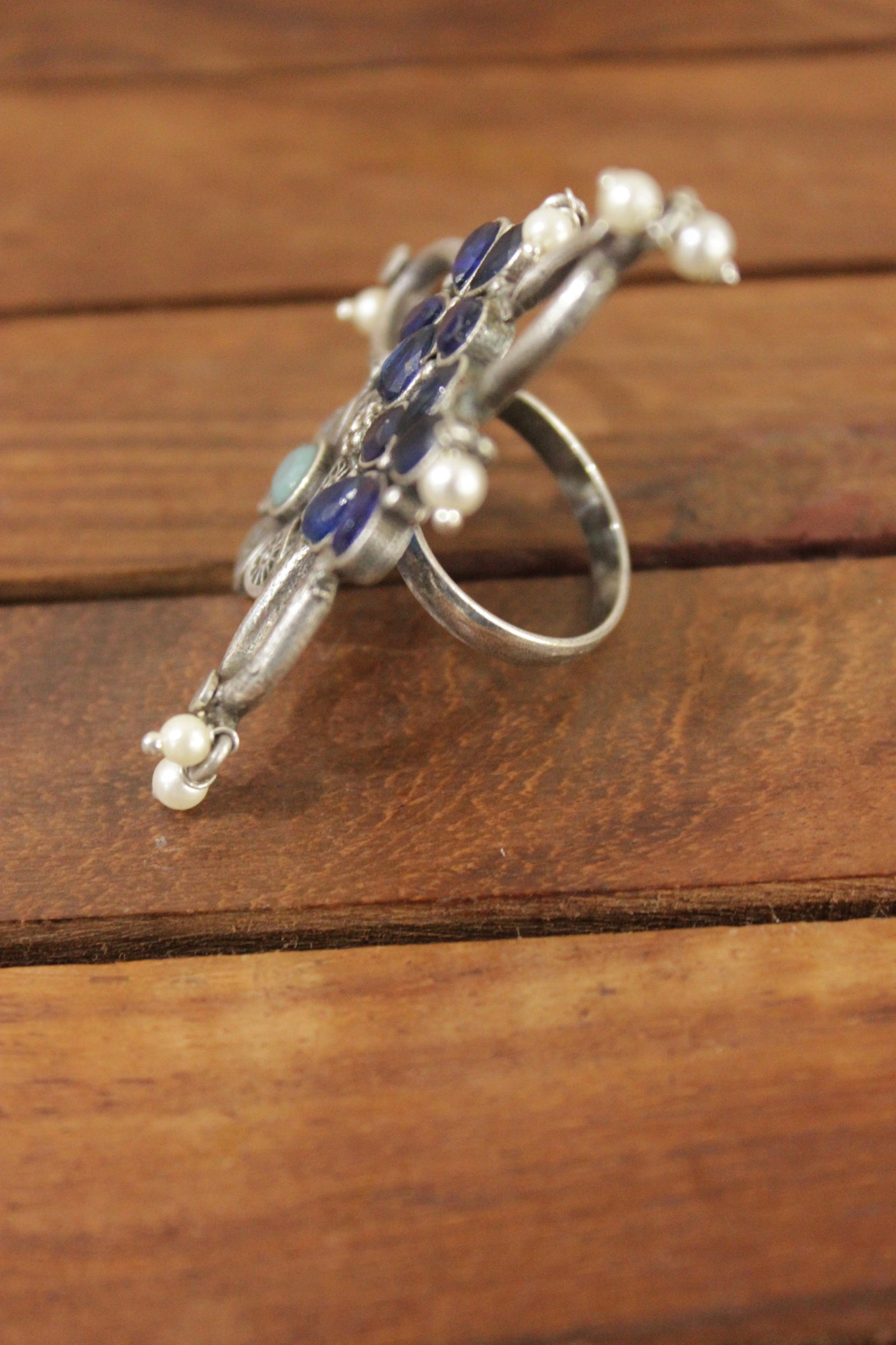 Oxidised Silver Finish Purple Glass Stones Embedded Flower Motifs Statement Cocktail Ring