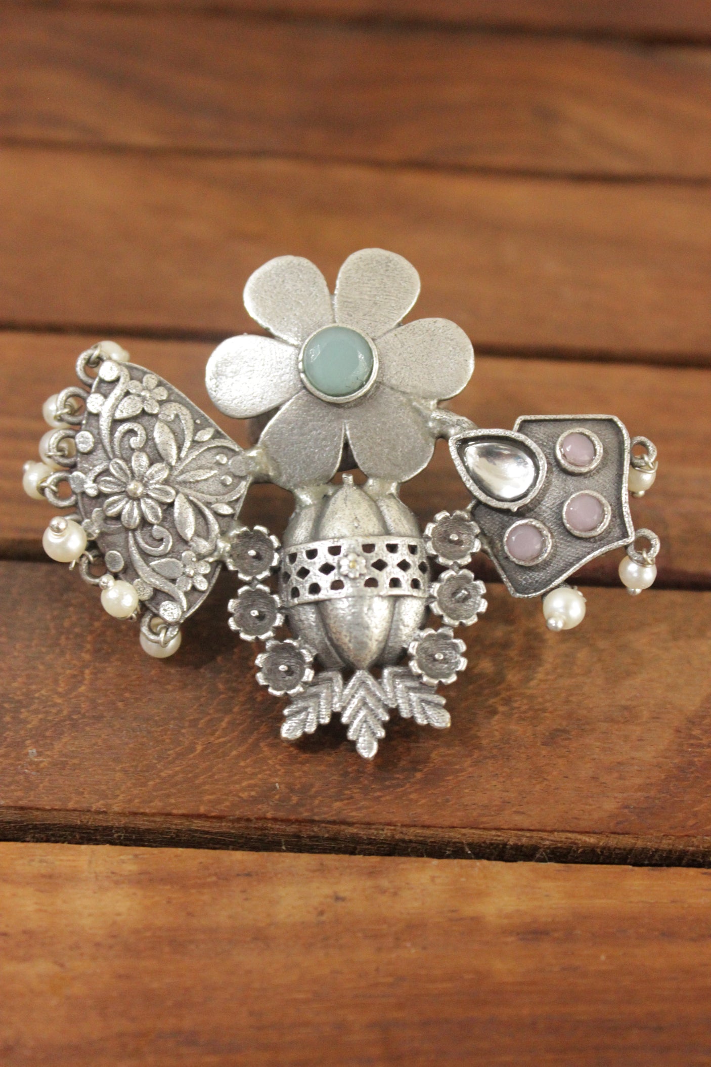 Oxidised Silver Finish Glass Stones Embedded Flower Motifs Statement Cocktail Ring