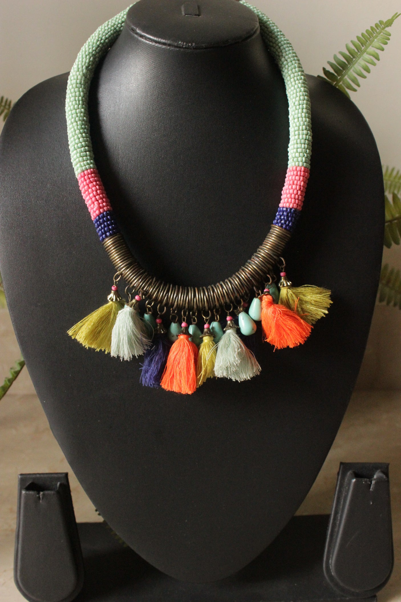 Beads and Pom Pom Embellished Handmade Vibrant Necklace