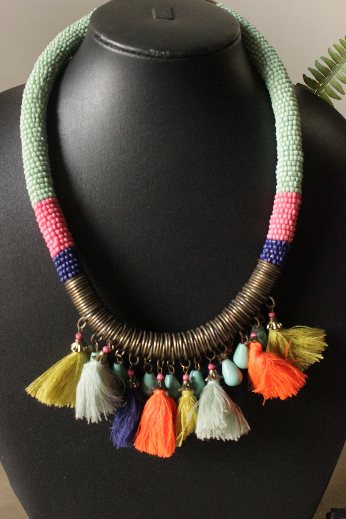 Beads and Pom Pom Embellished Handmade Vibrant Necklace