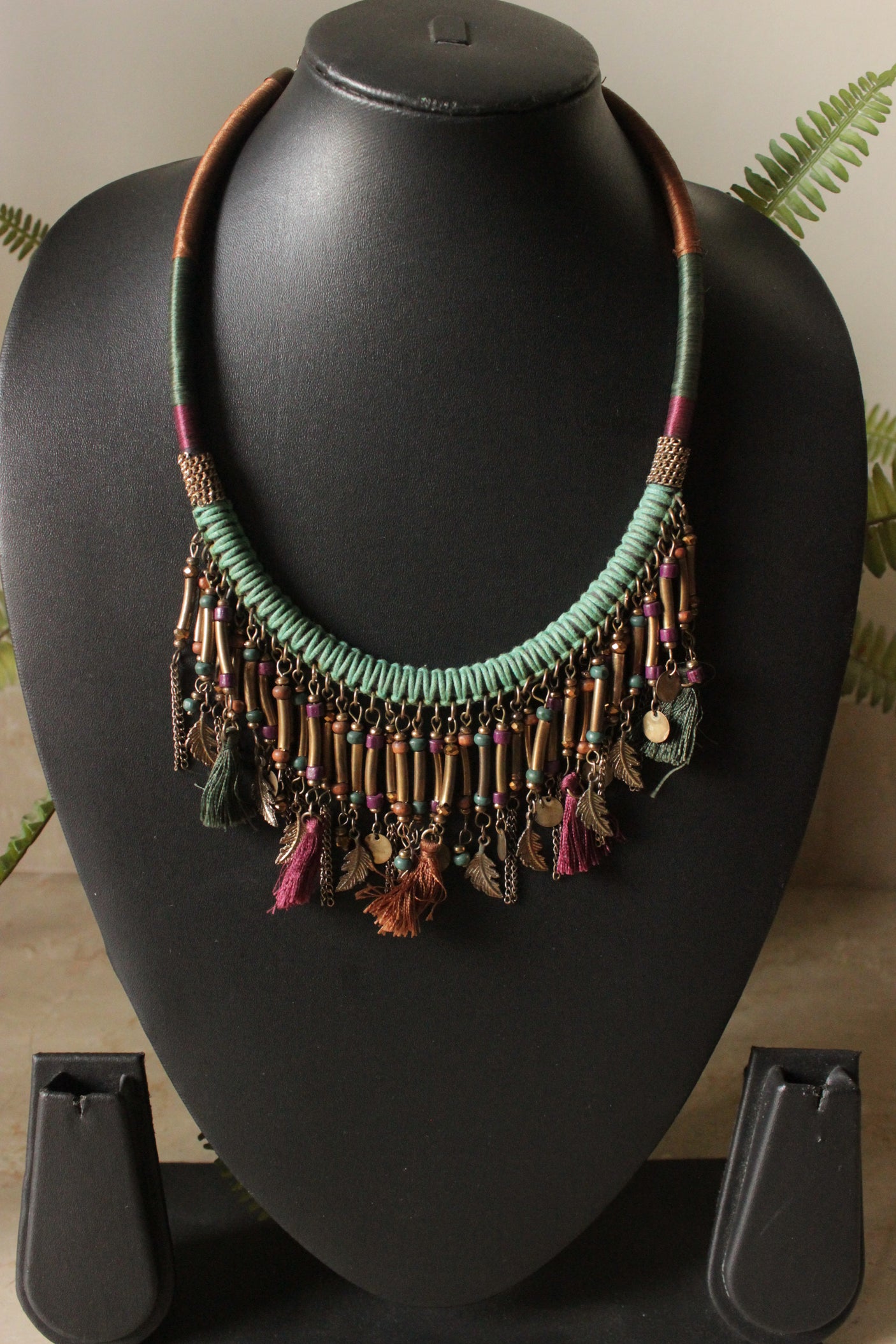 Metal Charms and Fabric Threads Handmade Choker Necklace