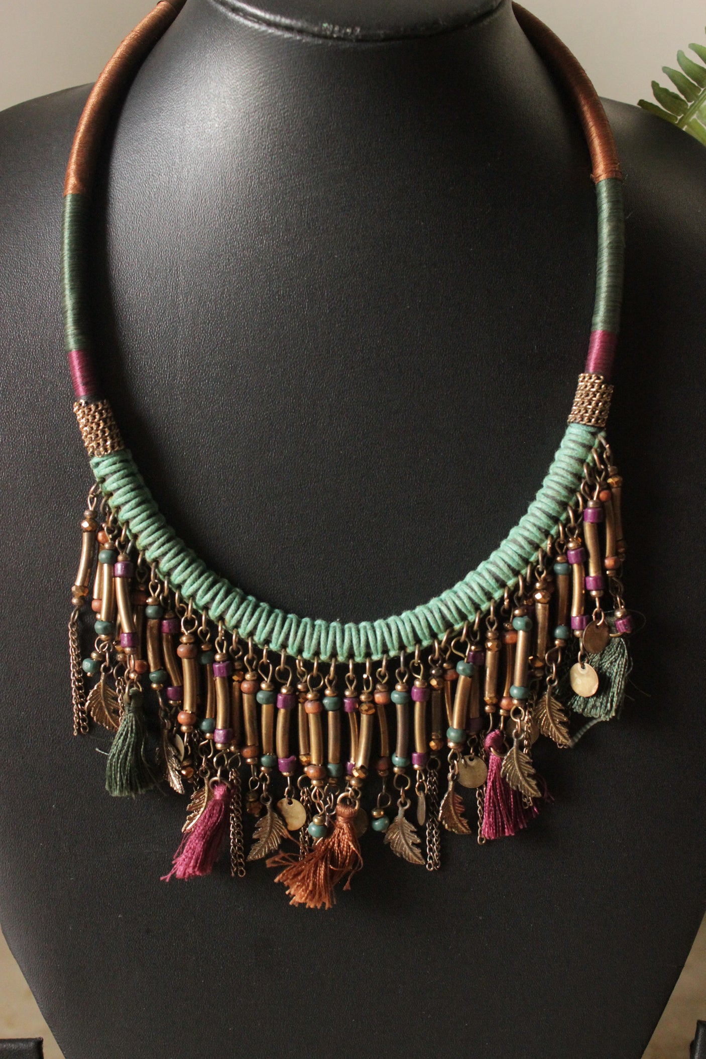 Metal Charms and Fabric Threads Handmade Choker Necklace