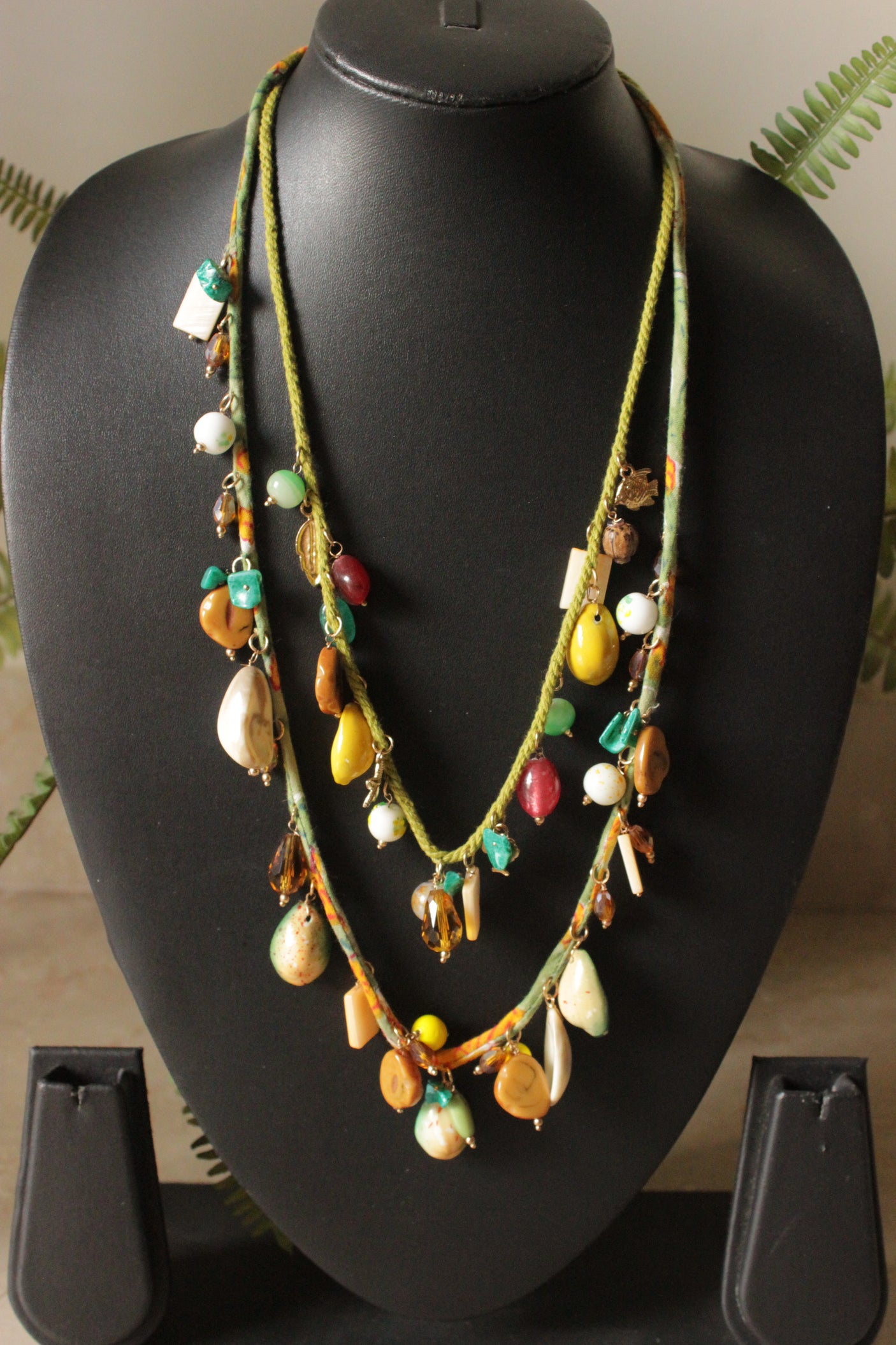 Colorful Shell Charms Rope and Fabric 2 Layer Necklace