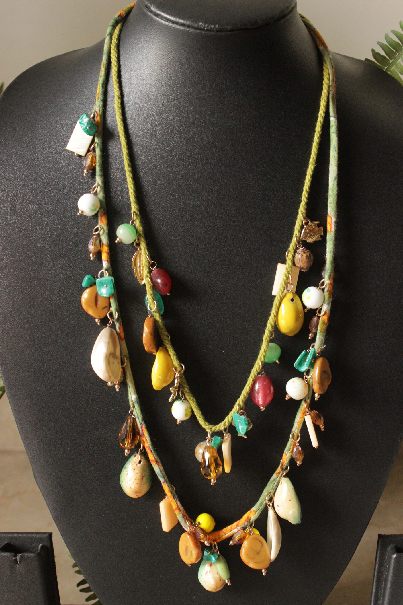Colorful Shell Charms Rope and Fabric 2 Layer Necklace