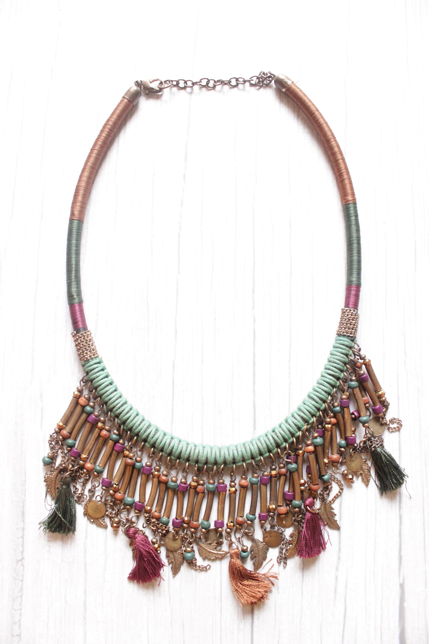 Metal Charms and Fabric Threads Handmade Choker Necklace